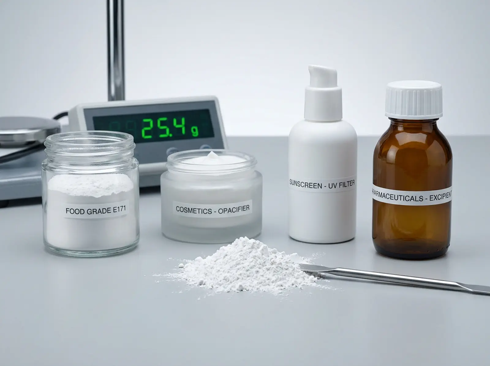 Macro shot: titanium dioxide powder beside labeled containers on a clean studio backdrop.
