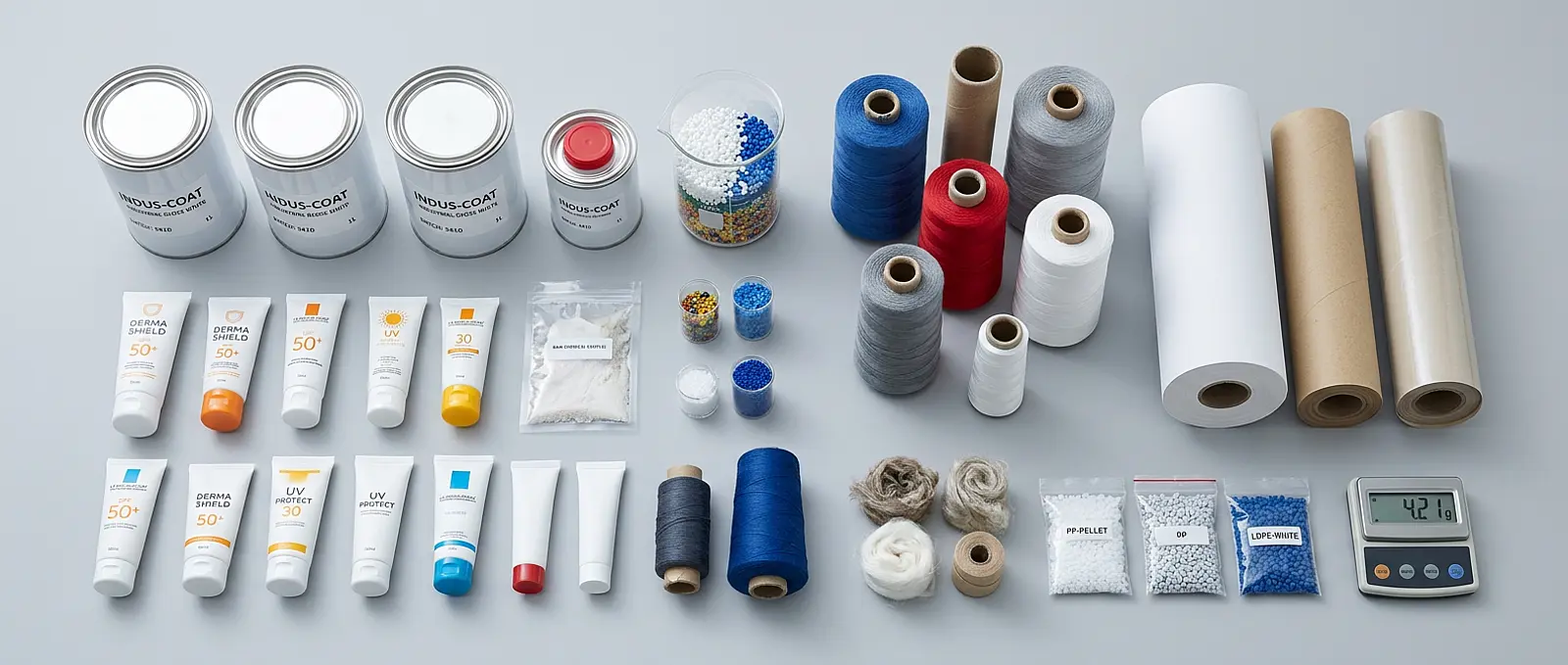Top-down macro studio photo of assorted industrial materials and packaged products on a neutral surface