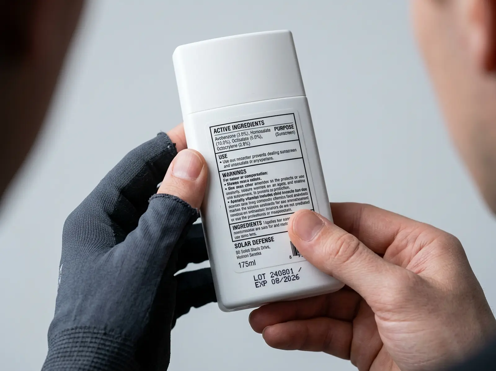 Close-up of hands holding a sunscreen bottle, back label with ingredients, cool studio lighting.