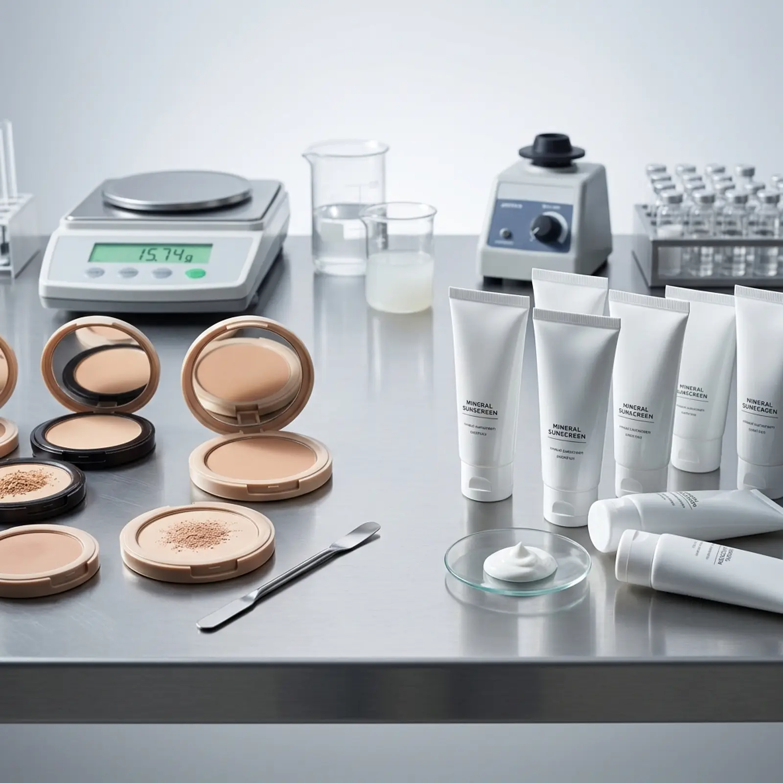 Cosmetics lab bench with powder compacts and mineral sunscreen tubes for comparison