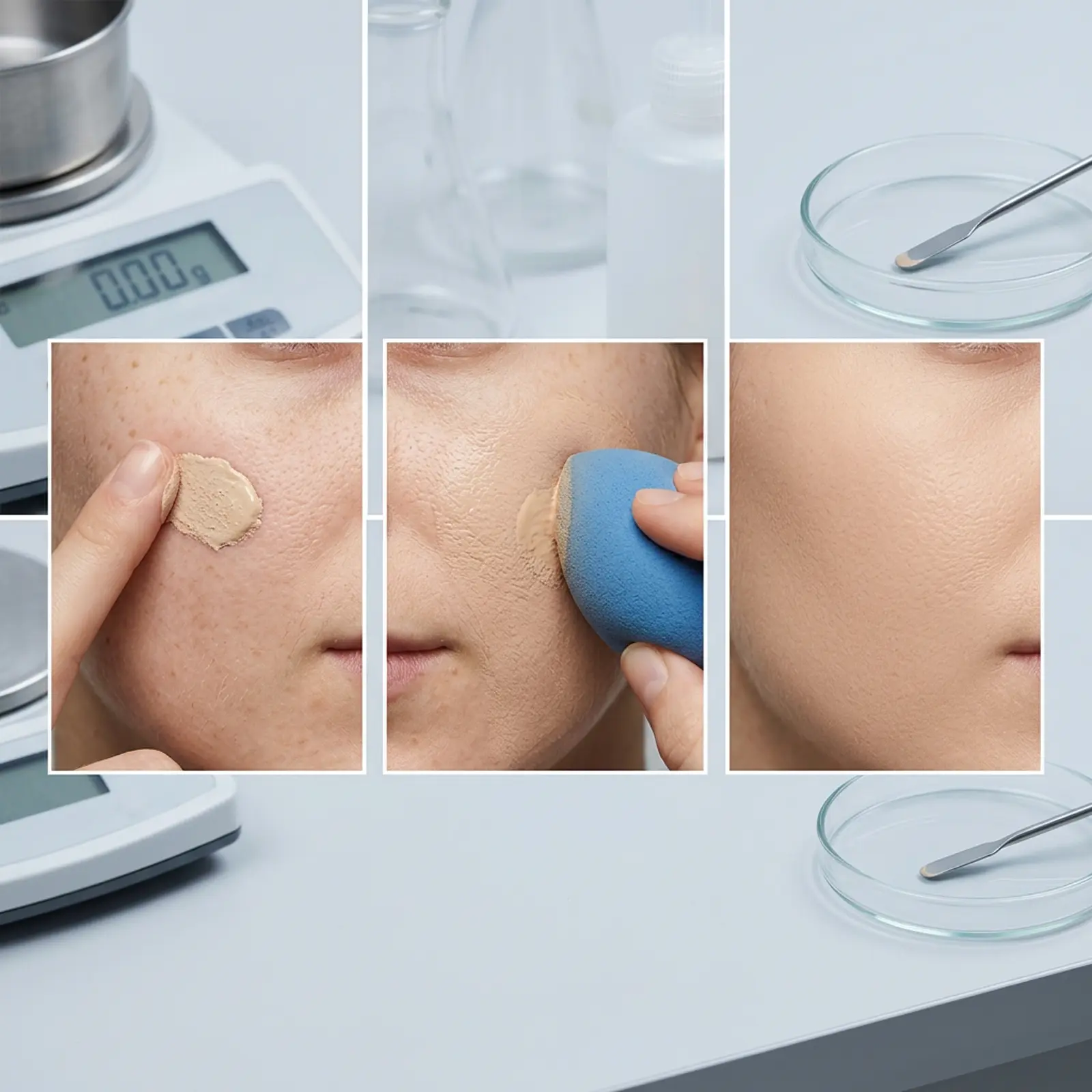 Studio macro: a person applying tinted mineral sunscreen to the face, foundation with a sponge