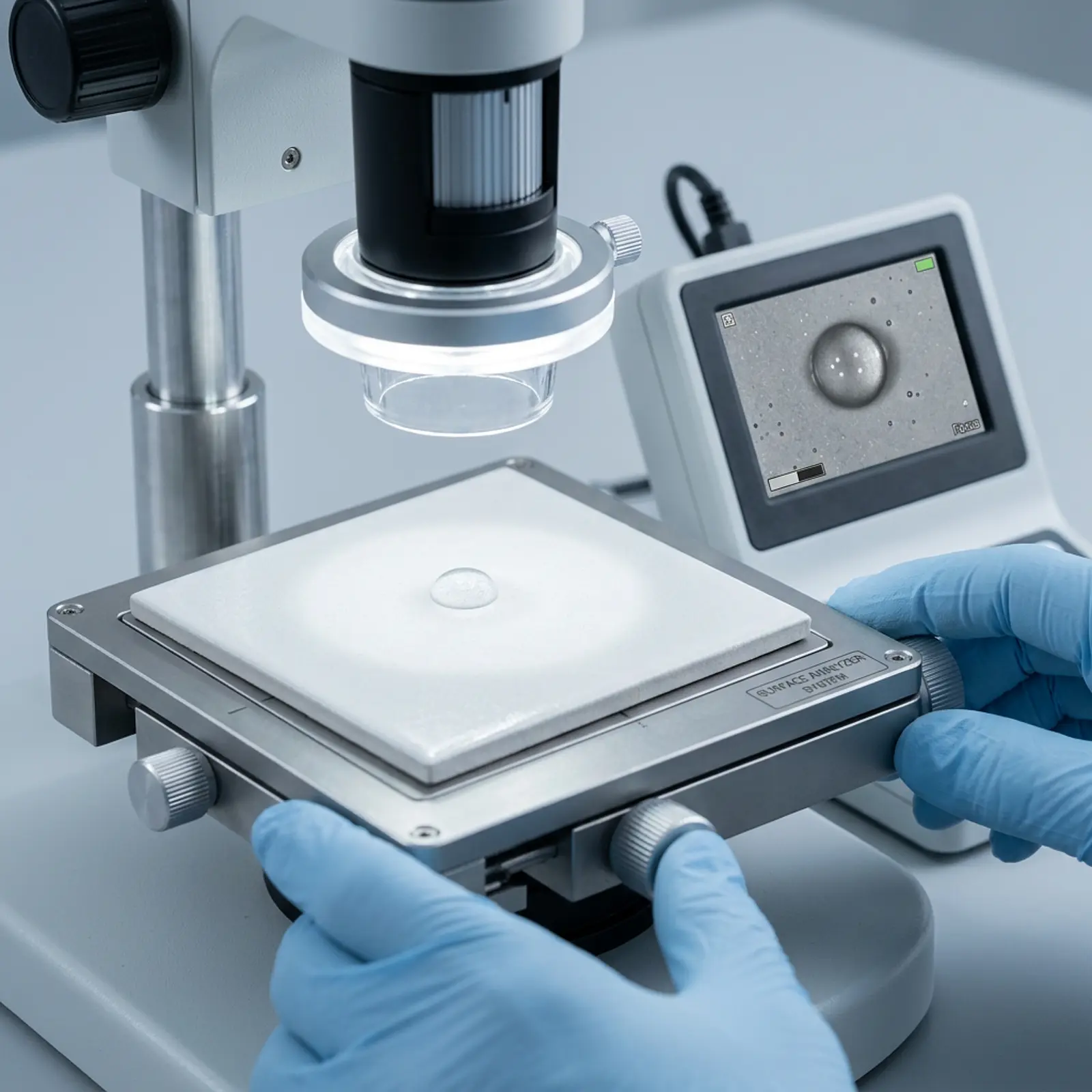 Lab studio: engineer examining a self-cleaning surface on white ceramic tiles, macro detail