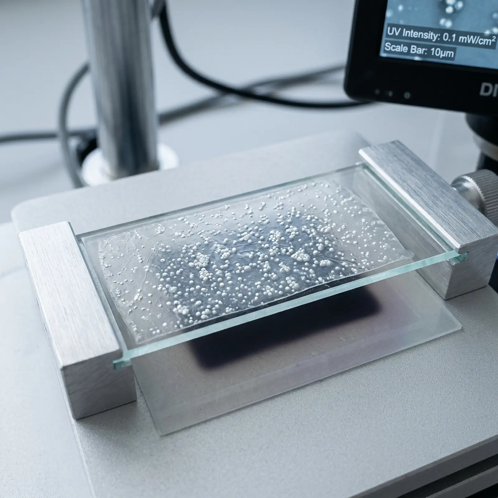 Macro shot of sunscreen film with titanium dioxide particles blocking UV light in studio.