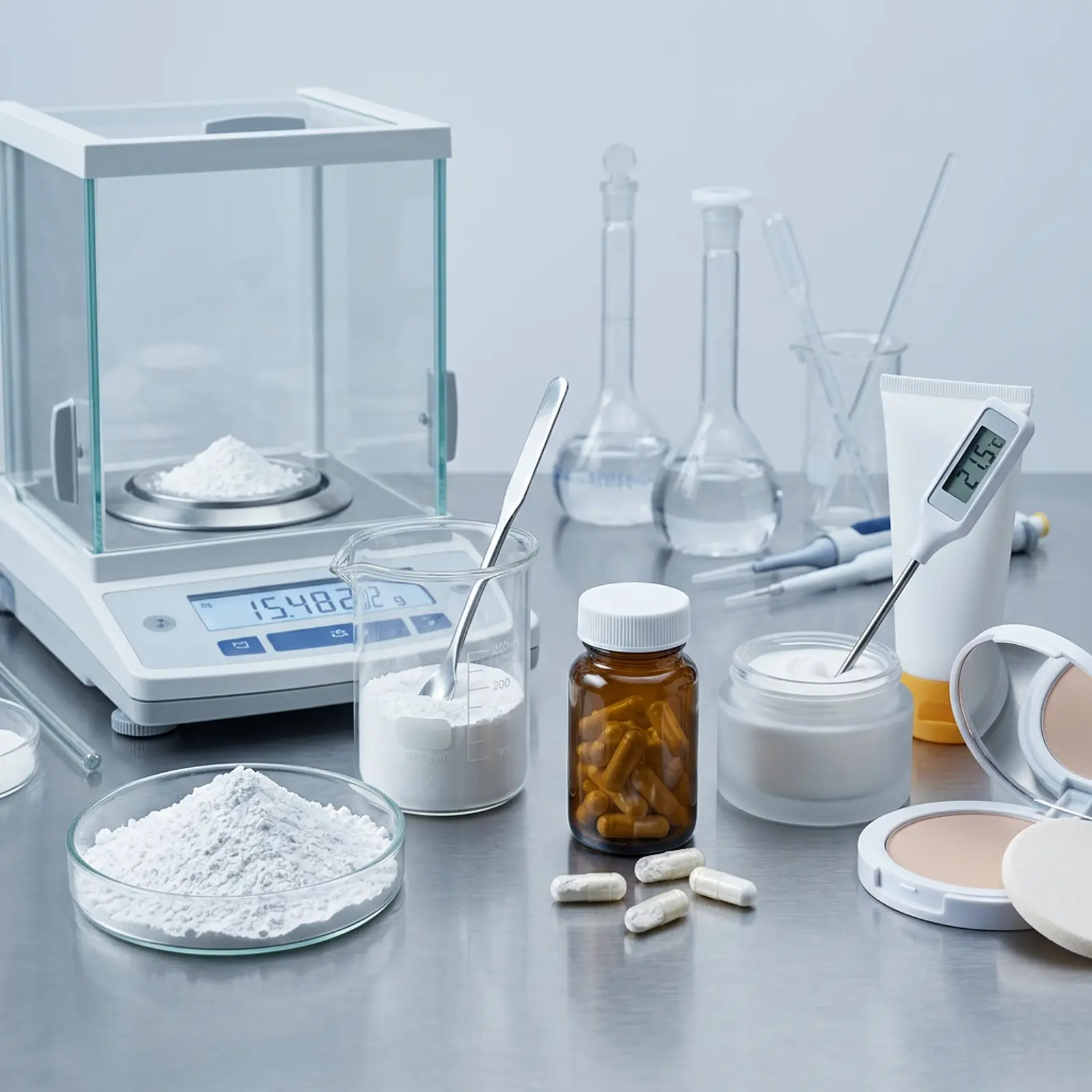 Raw materials lab: white powder next to vegan capsules and cruelty-free cosmetics, macro shot.