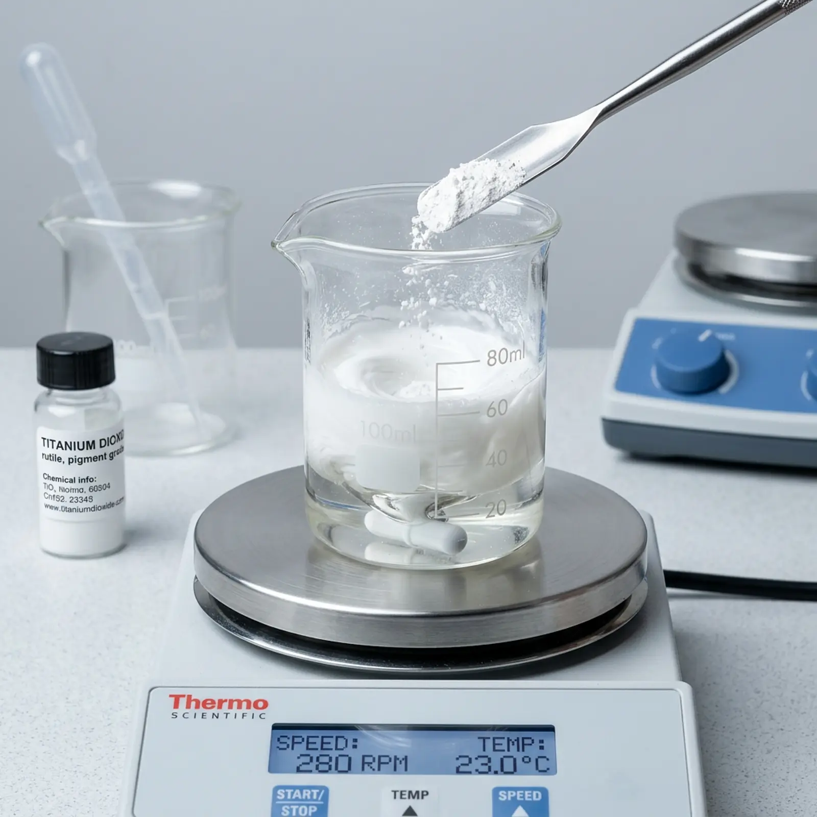 Macro shot of titanium dioxide in glycerin in a beaker; smooth white slurry, neutral studio setting.