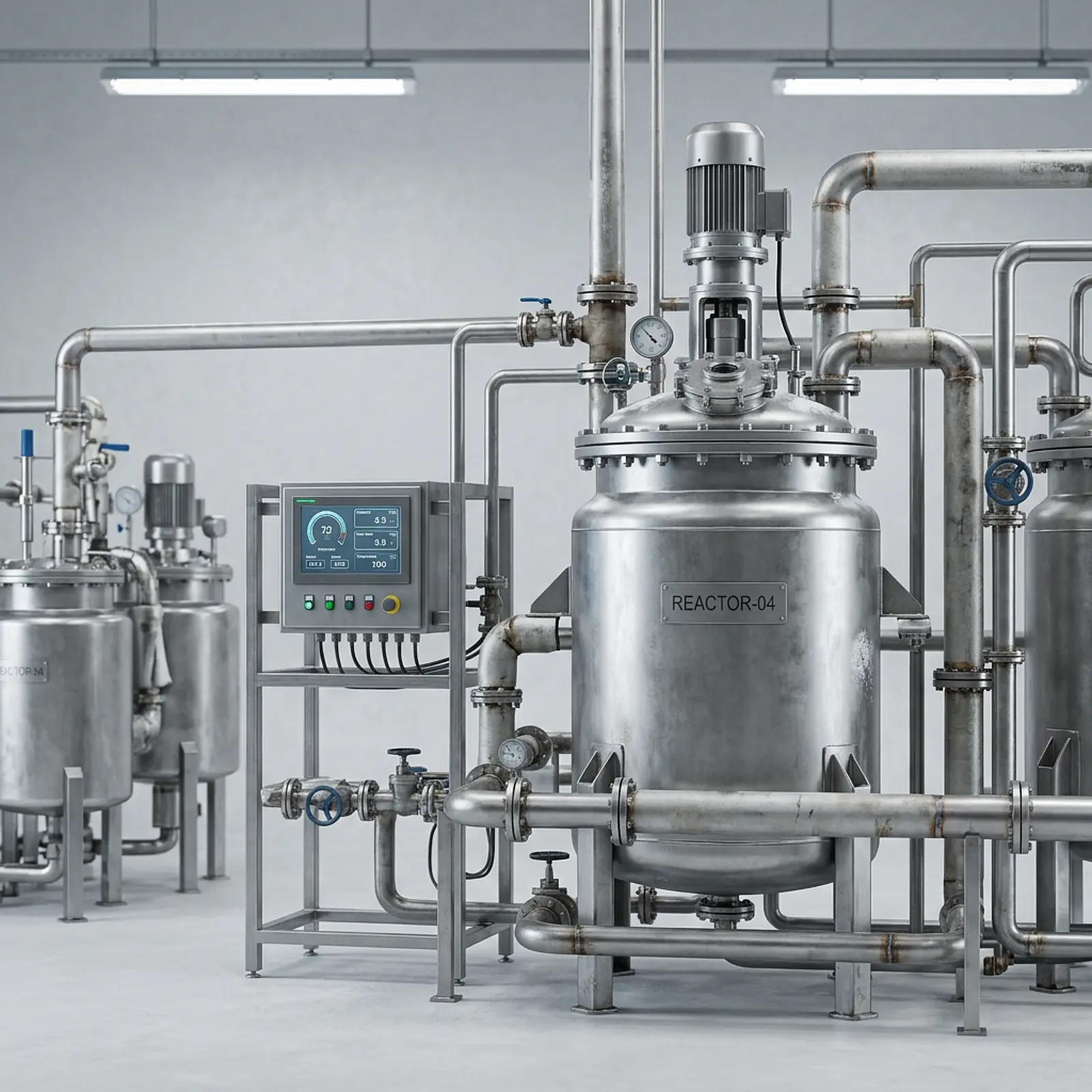 Studio photo of a titanium dioxide plant with reactors, vessels, and pipes; cool daylight.