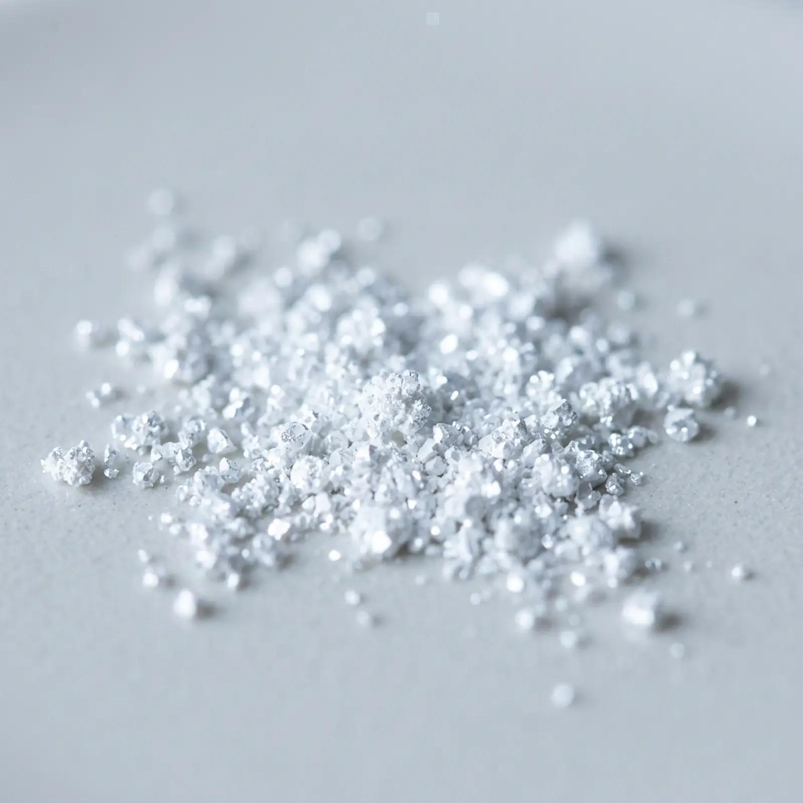 Macro close-up of white titanium dioxide pigment particles scattering light on grey studio backdrop
