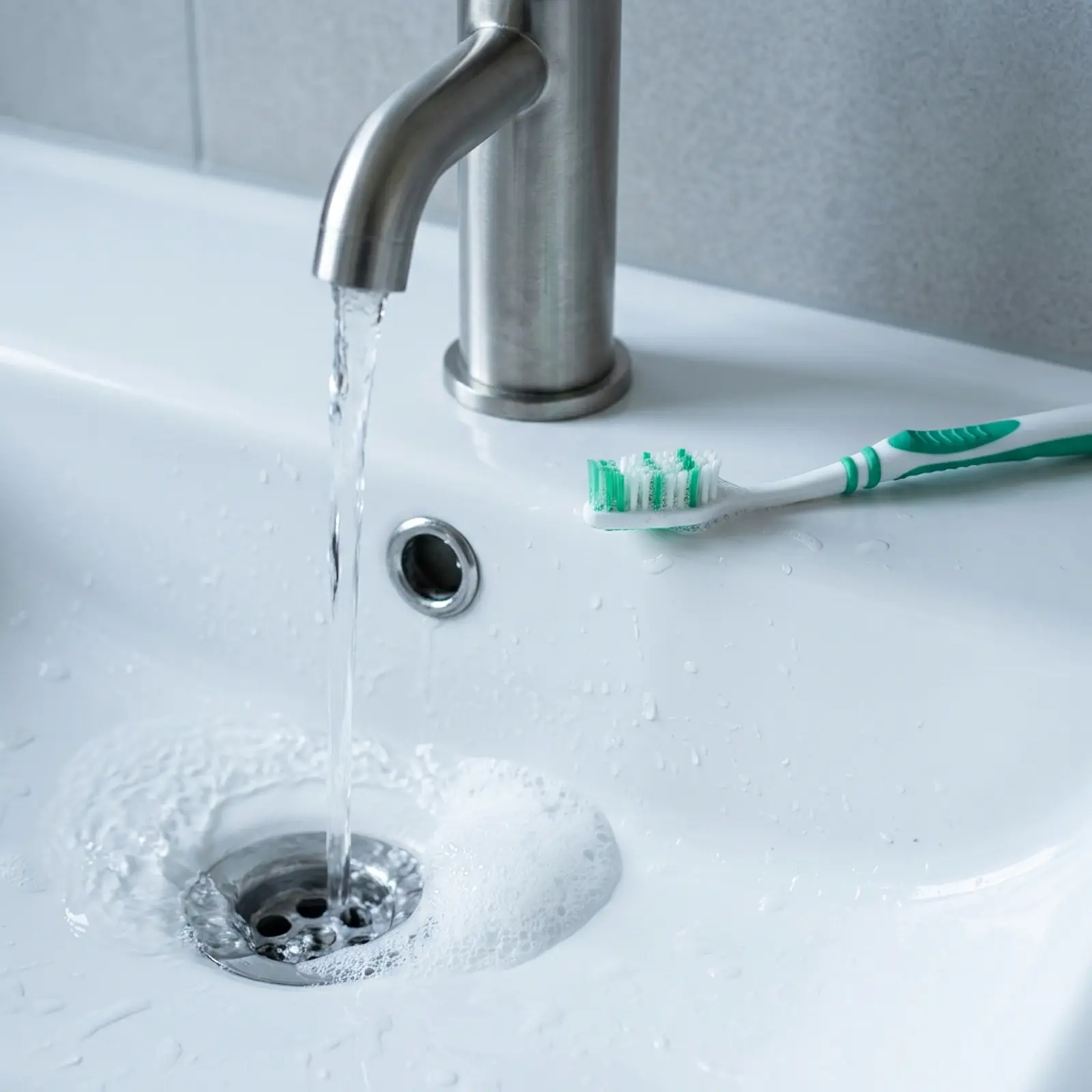 Macro shot of a sink: toothbrush on the edge, foam being rinsed away under running water.