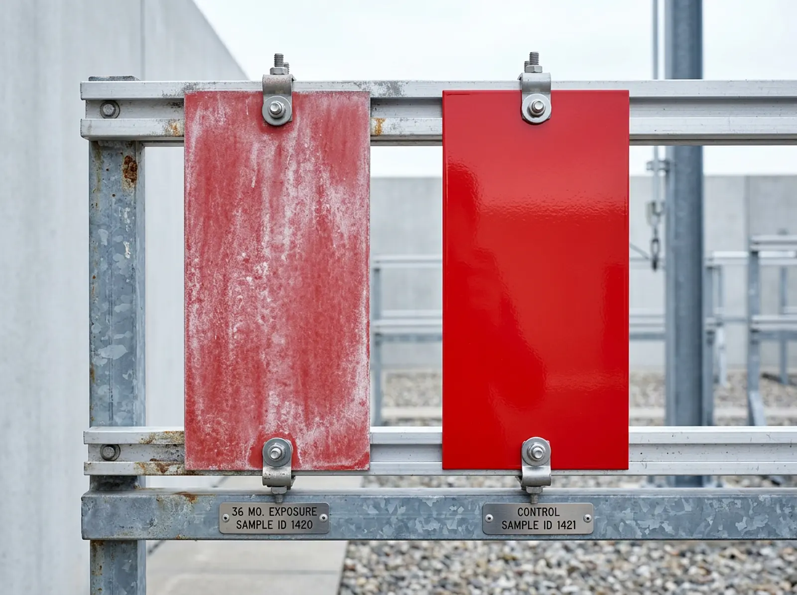 Photoreal studio macro of two chalked and clean painted metal panels on outdoor weathering rack