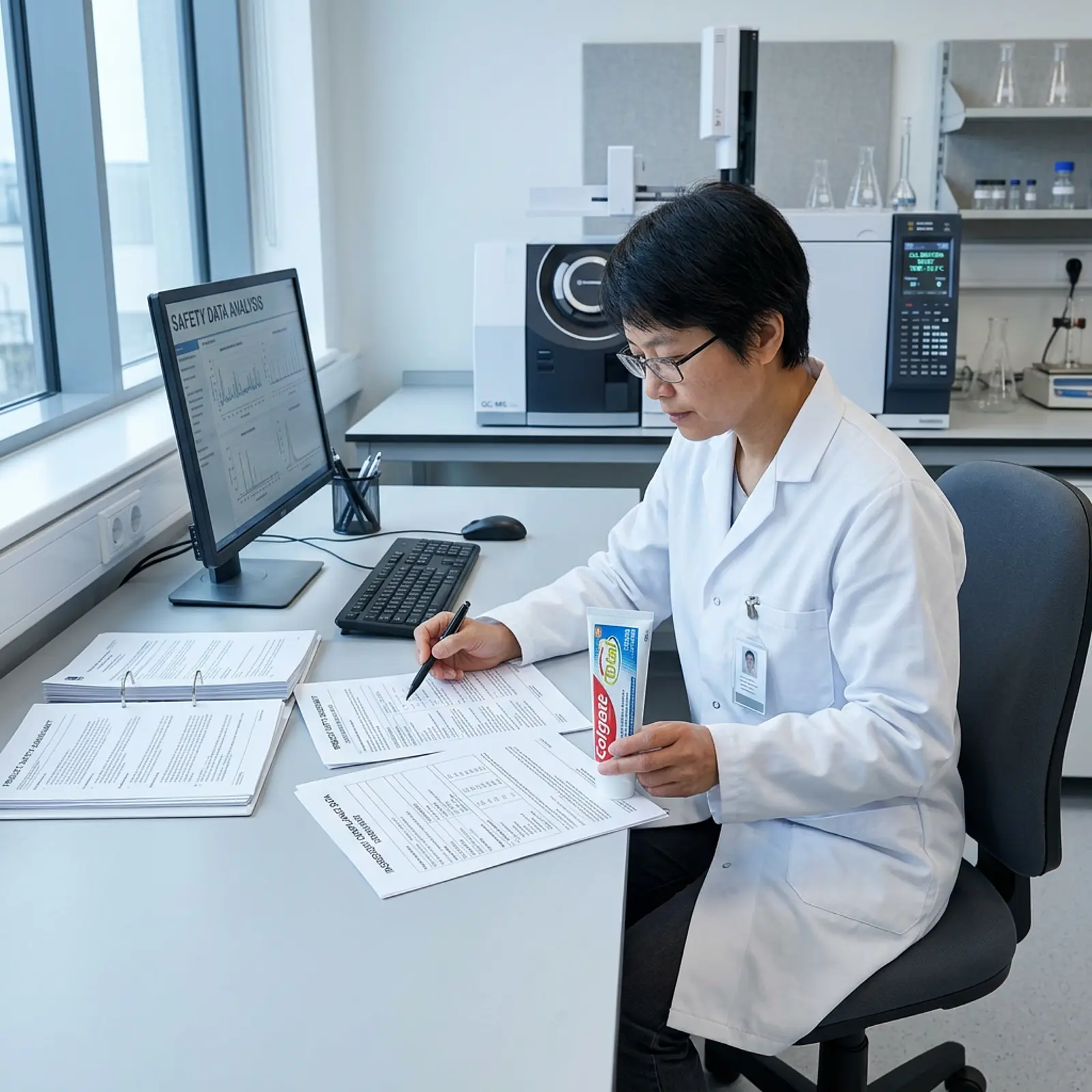 A researcher reviewing safety documents next to a toothpaste tube at a desk.