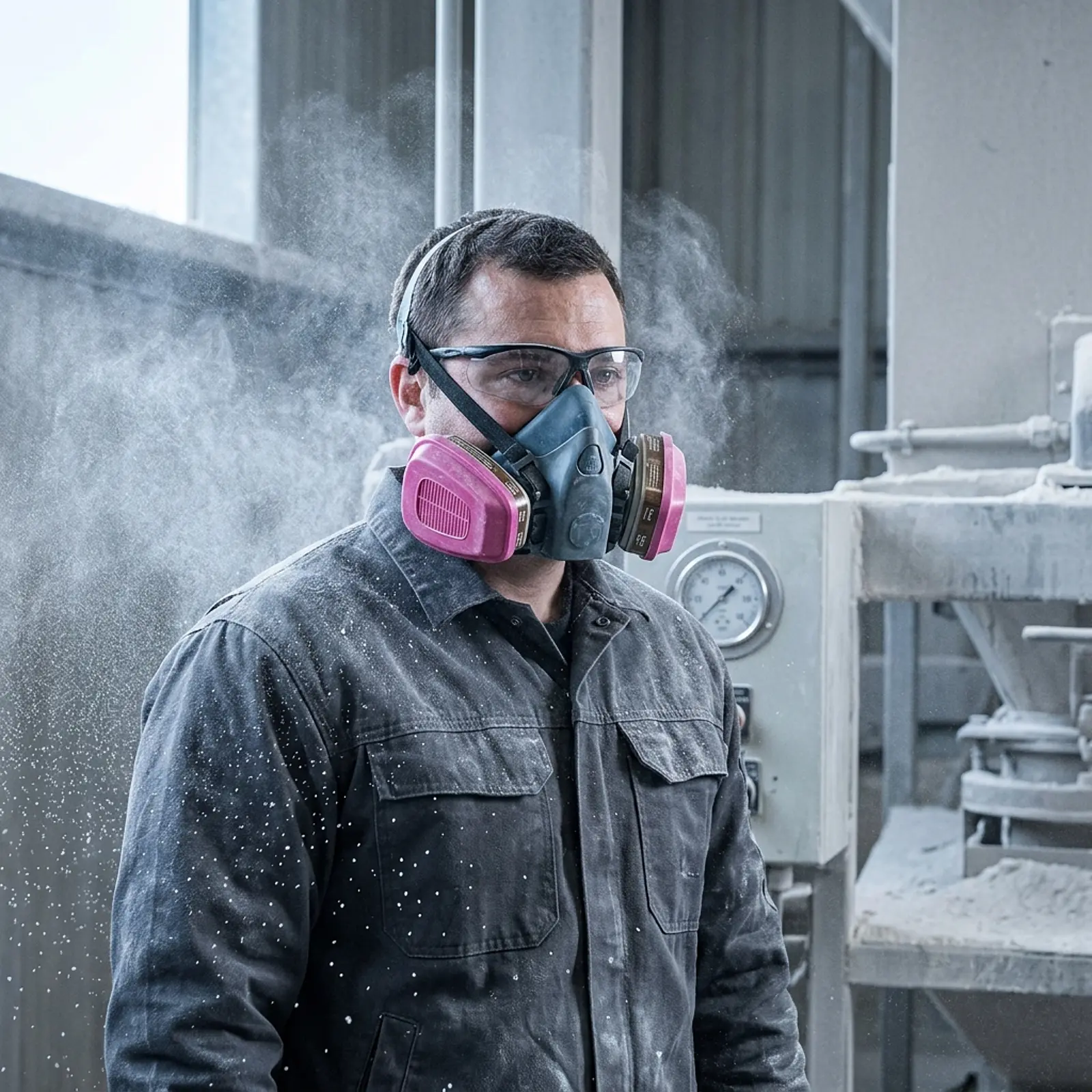 Photorealistic studio shot of a person in a respirator amid a cloud of fine powder