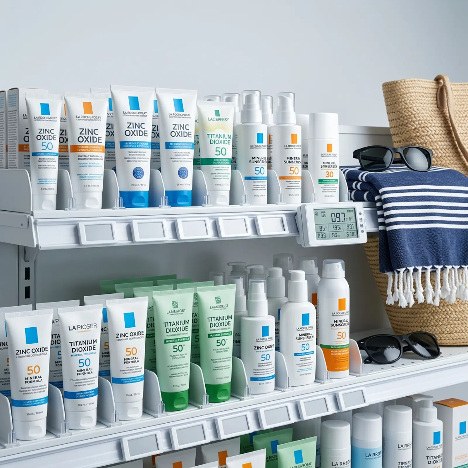 Shelf of mineral sunscreens next to beach accessories, neutral studio light.