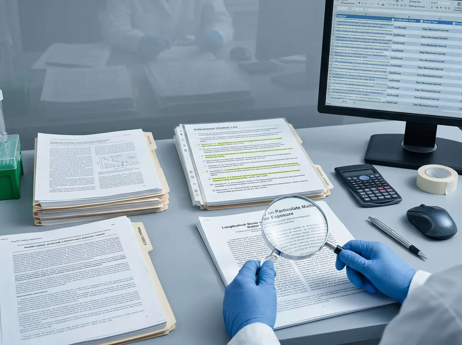 Photorealistic studio desk with researcher inspecting primary sources and citations.