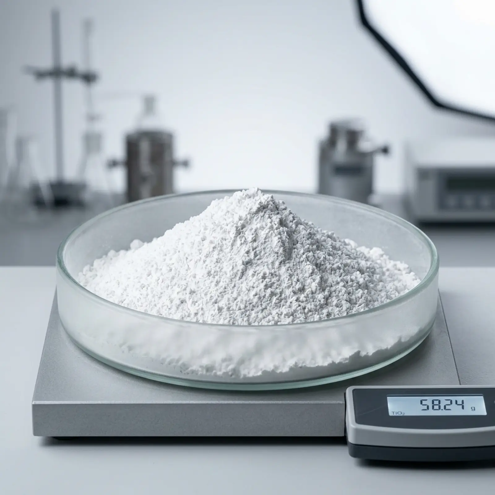 Macro close-up of white titanium dioxide powder in a clean studio with cool daylight.