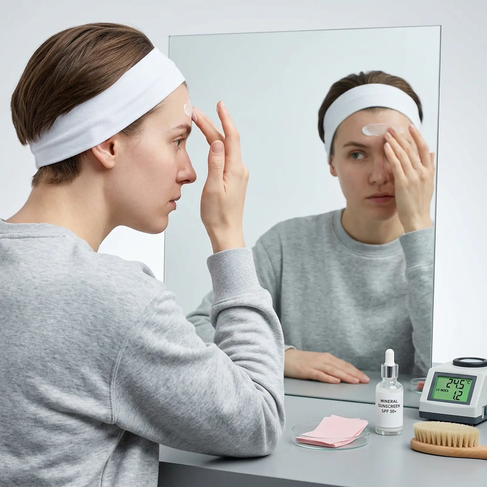 Young person applying mineral sunscreen to the forehead in front of a mirror, blotting papers nearby