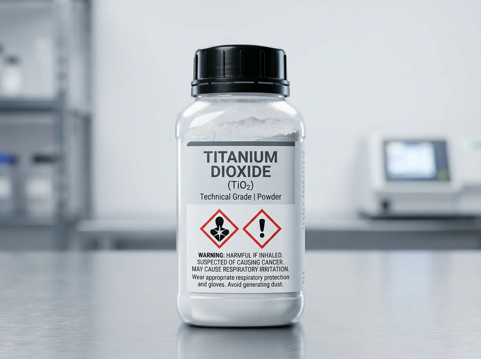 Macro shot of a Titanium Dioxide container with hazard symbols on a clean bench