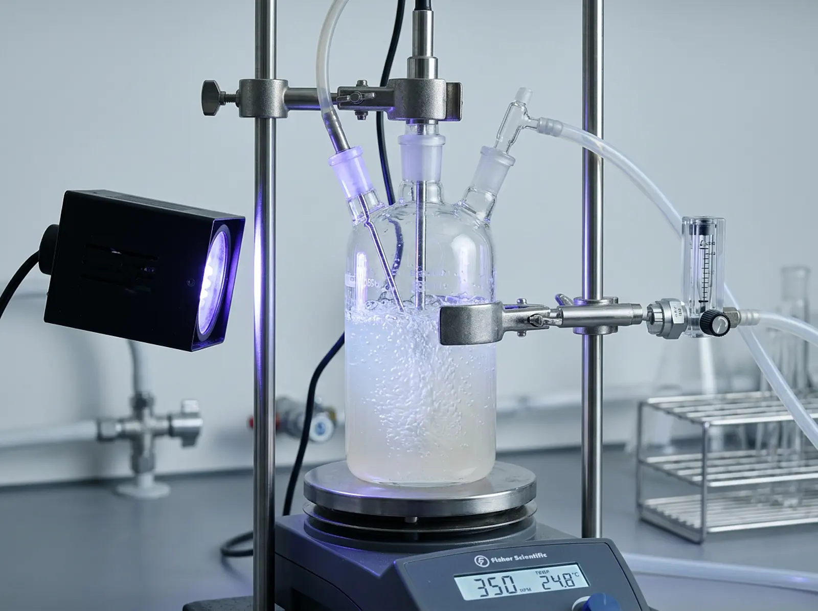 UV lamp shining on glass reactor with pale bubbling liquid in clean studio lab setup