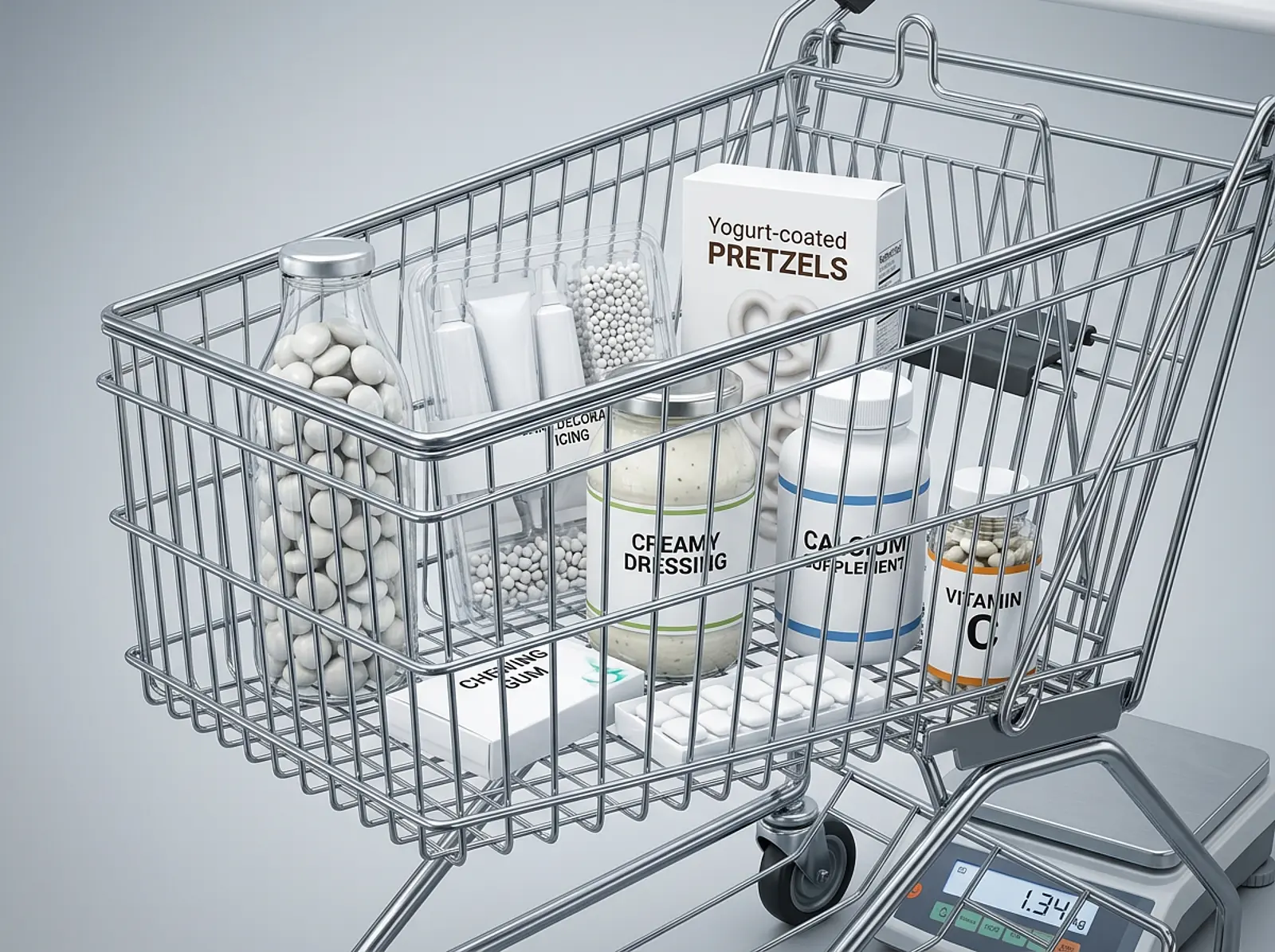 Studio shot of a shopping cart with white-coated products: candies, dressings.