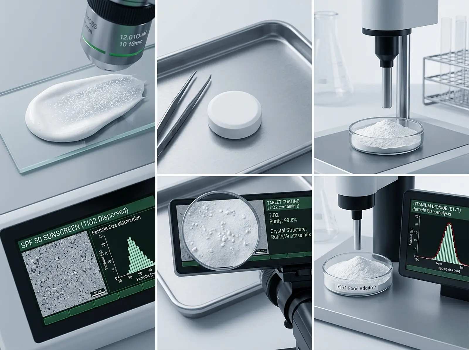 Photorealistic studio collage showing titanium dioxide particles in sunscreen, tablet, and food.
