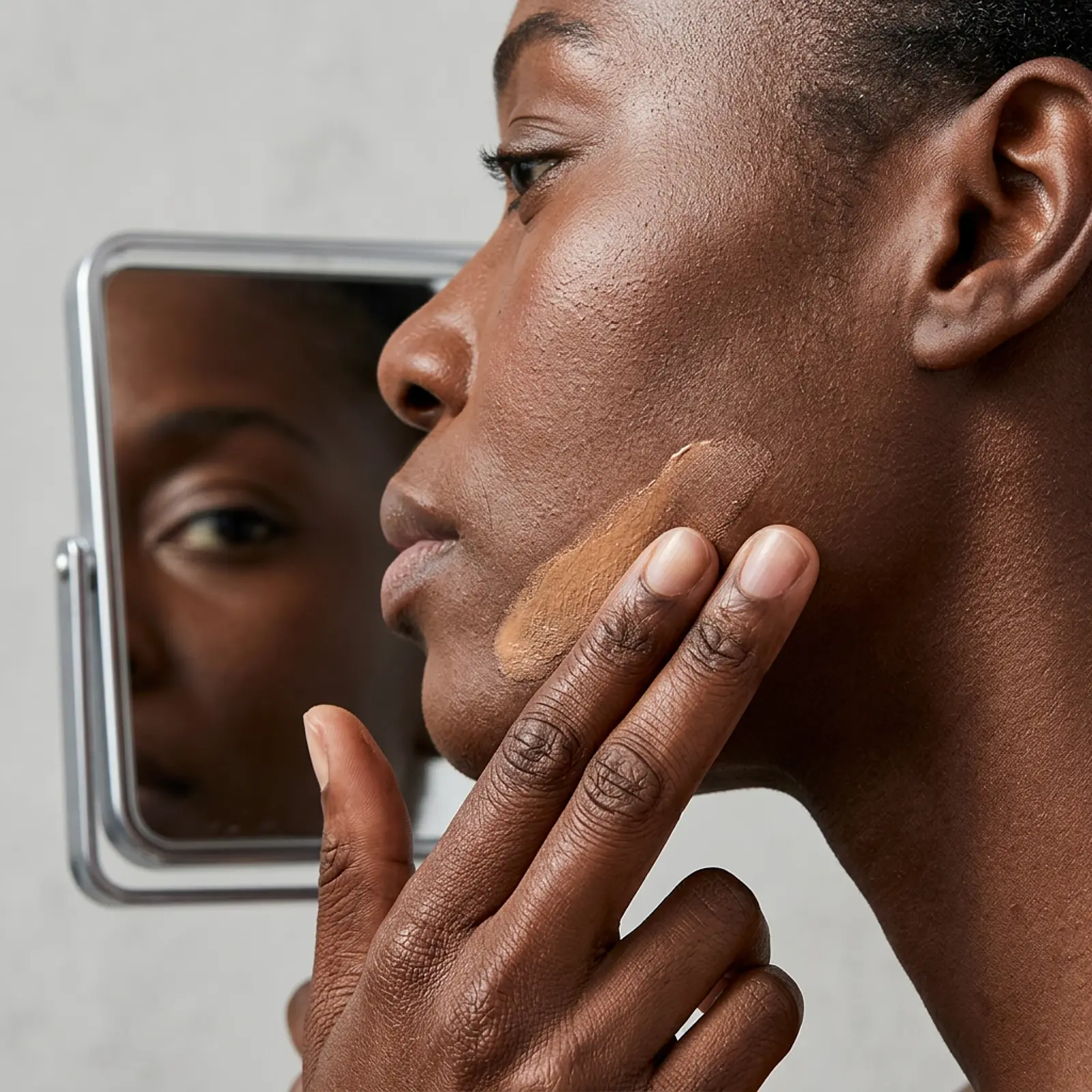 Person with dark skin applying tinted mineral sunscreen to the jaw and cheeks, checking in a mirror.