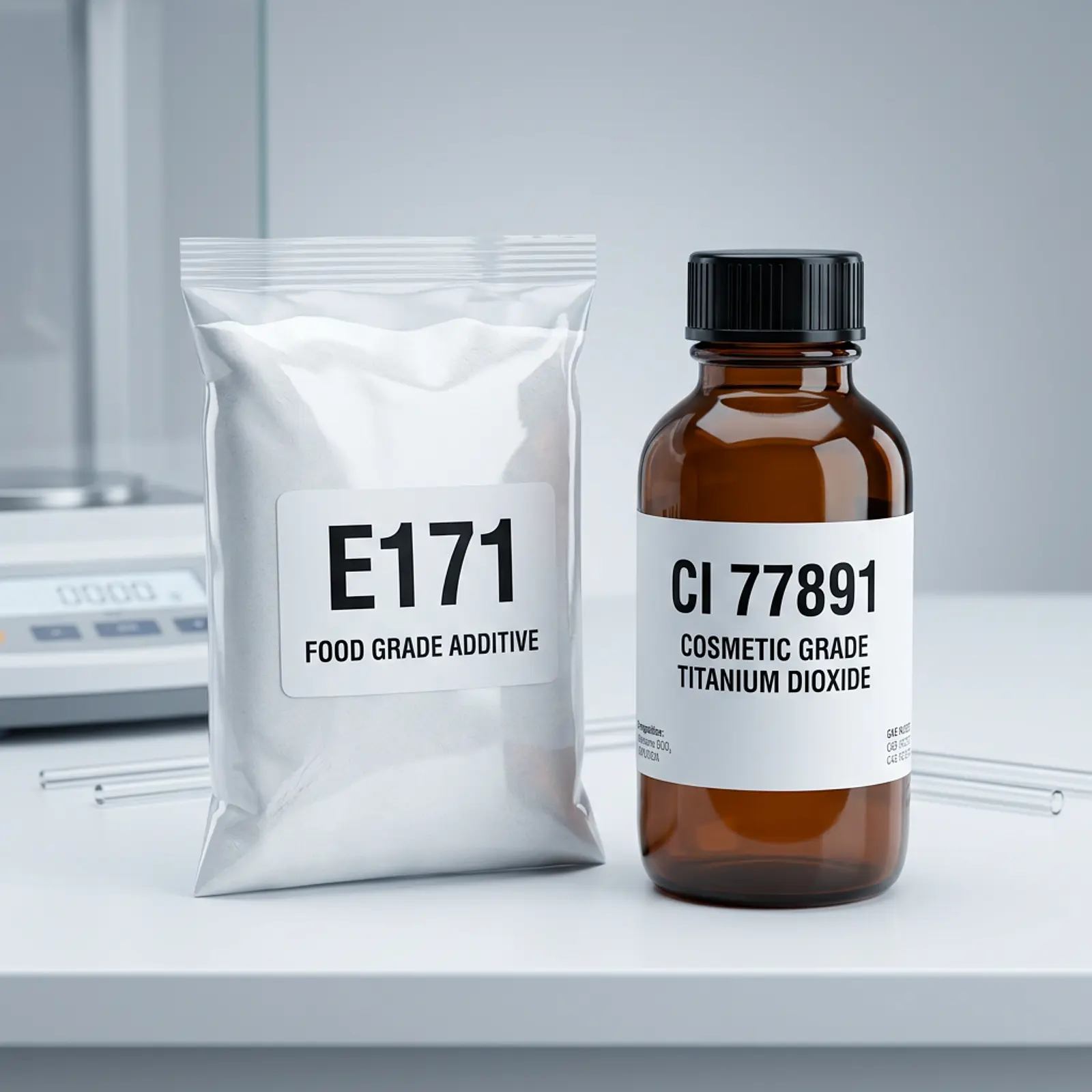 Studio macro shot: E171 food package beside CI 77891 cosmetic bottle on neutral gray background.