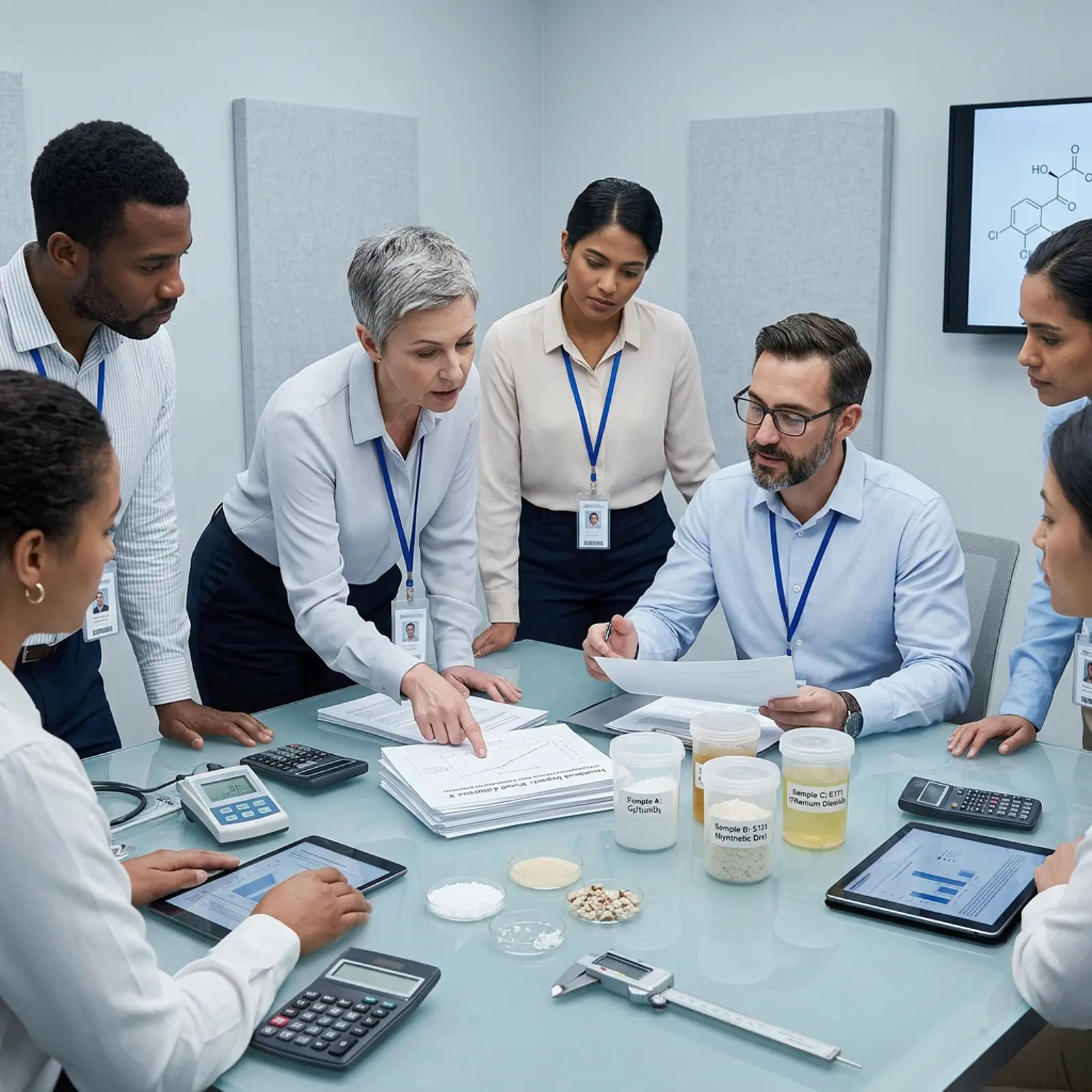 Meeting table with product samples and reports in a sober laboratory atmosphere.