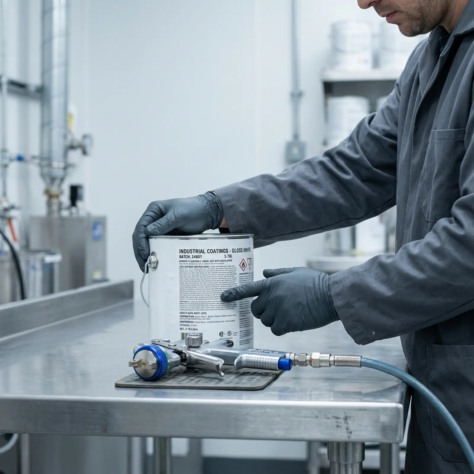 Worker inspecting label on white paint can in clean industrial studio, holding spray gun, macro details