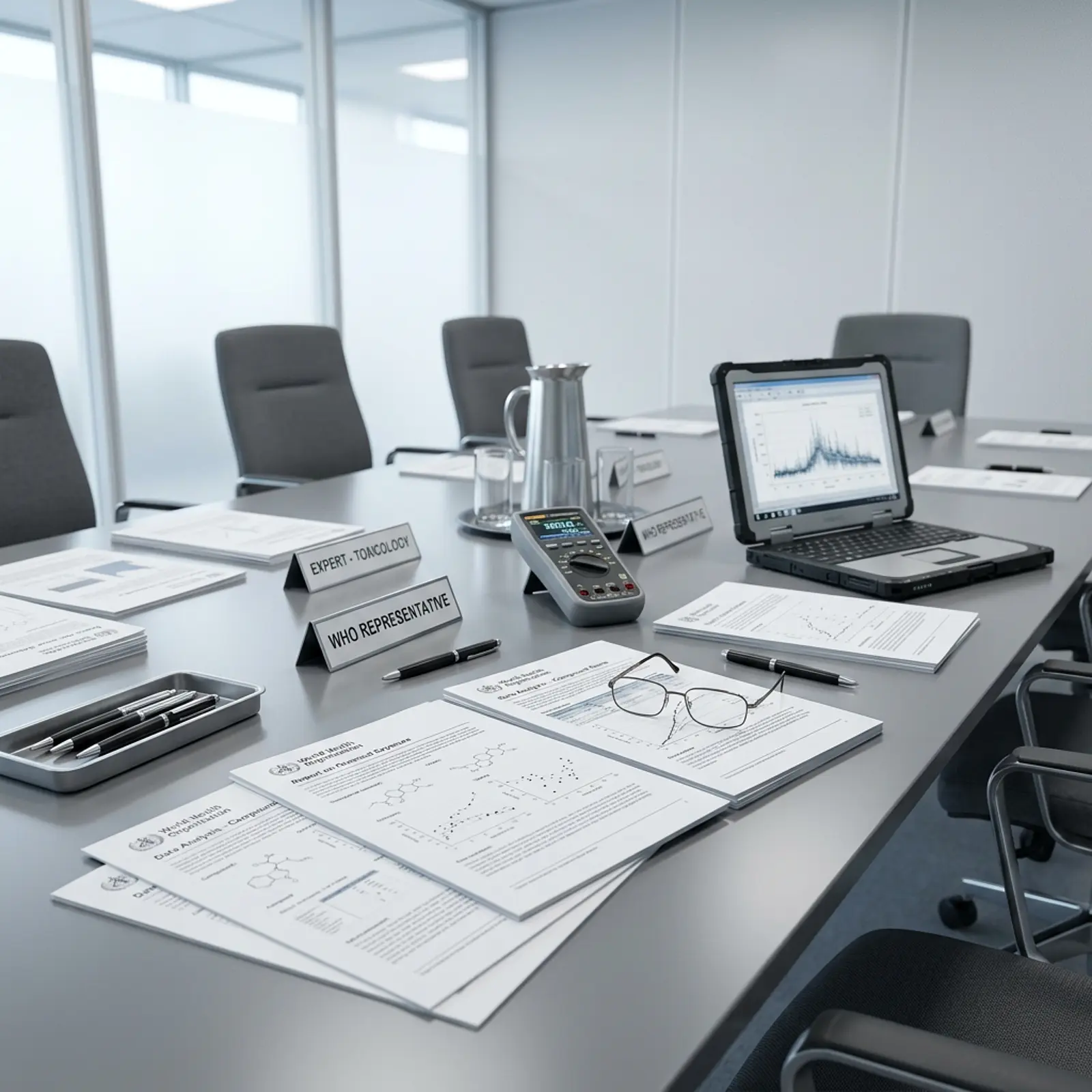 International experts reviewing toxicology reports in a WHO-style conference room