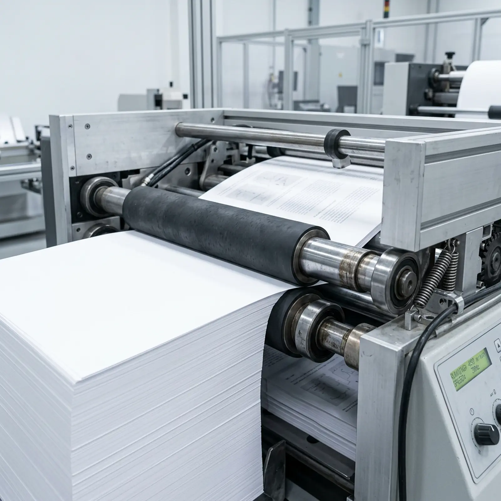 Macro shot of white paper rolls in a paper processing facility, cool studio lighting.