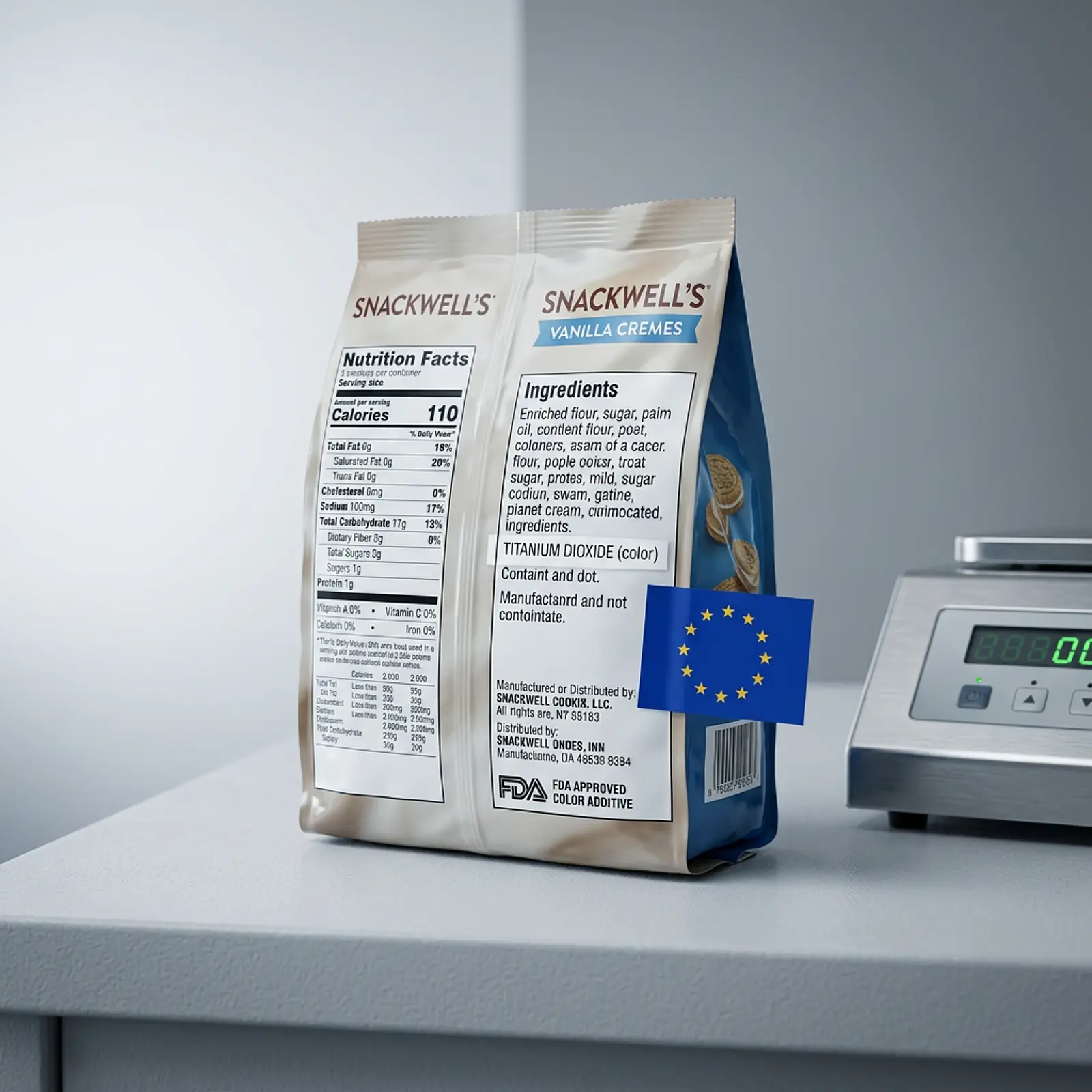 Clean studio macro of packaging with titanium dioxide labeling, cool daylight.