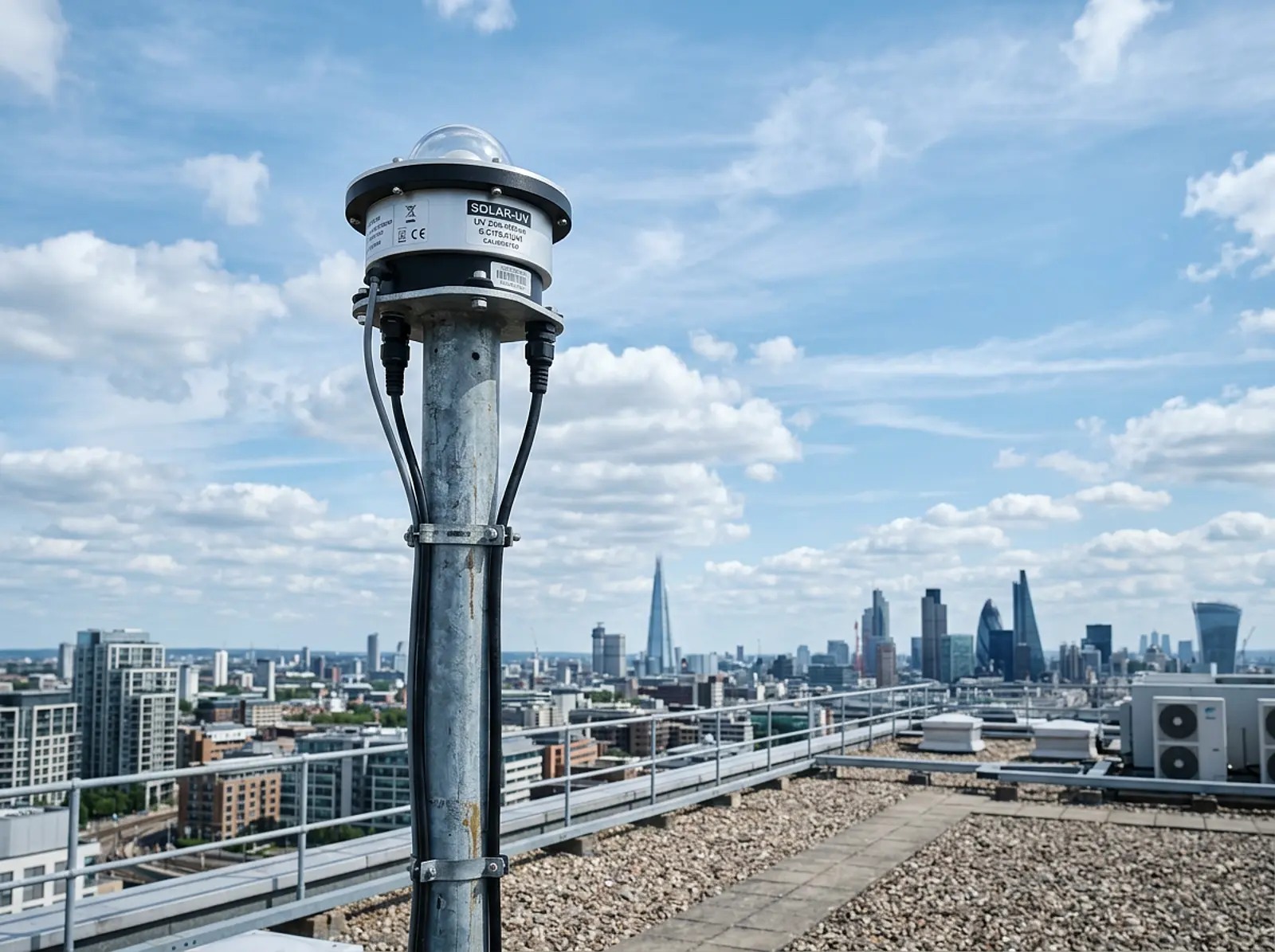 UV sensor mounted on a rooftop pole overlooking a sunny cityscape and sky