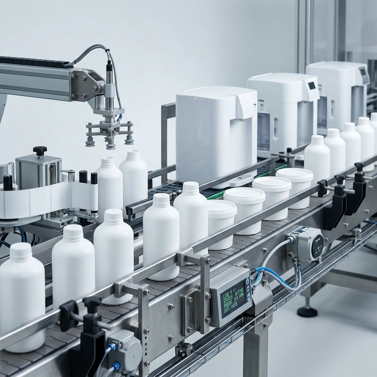 Macro shot of white plastic bottles and housings on a manufacturing line.