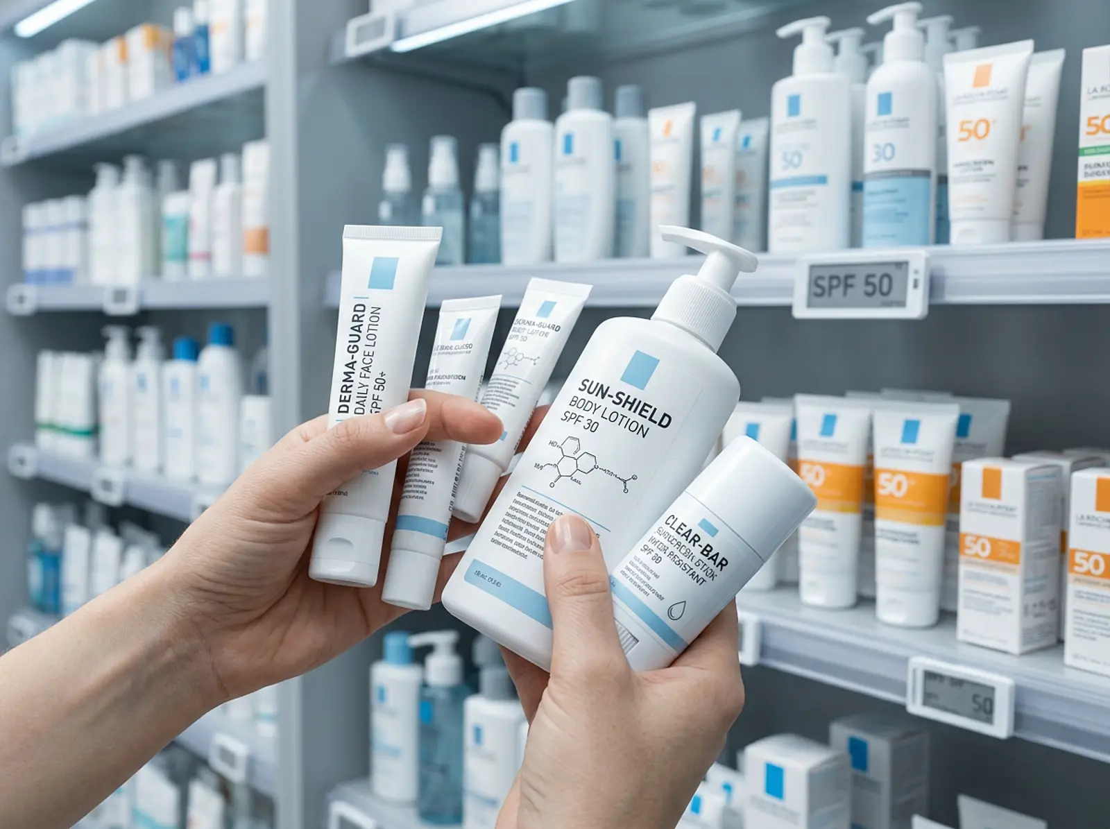 Person comparing sunscreen products in hand in front of a shelf; face lotion, body lotion, stick.