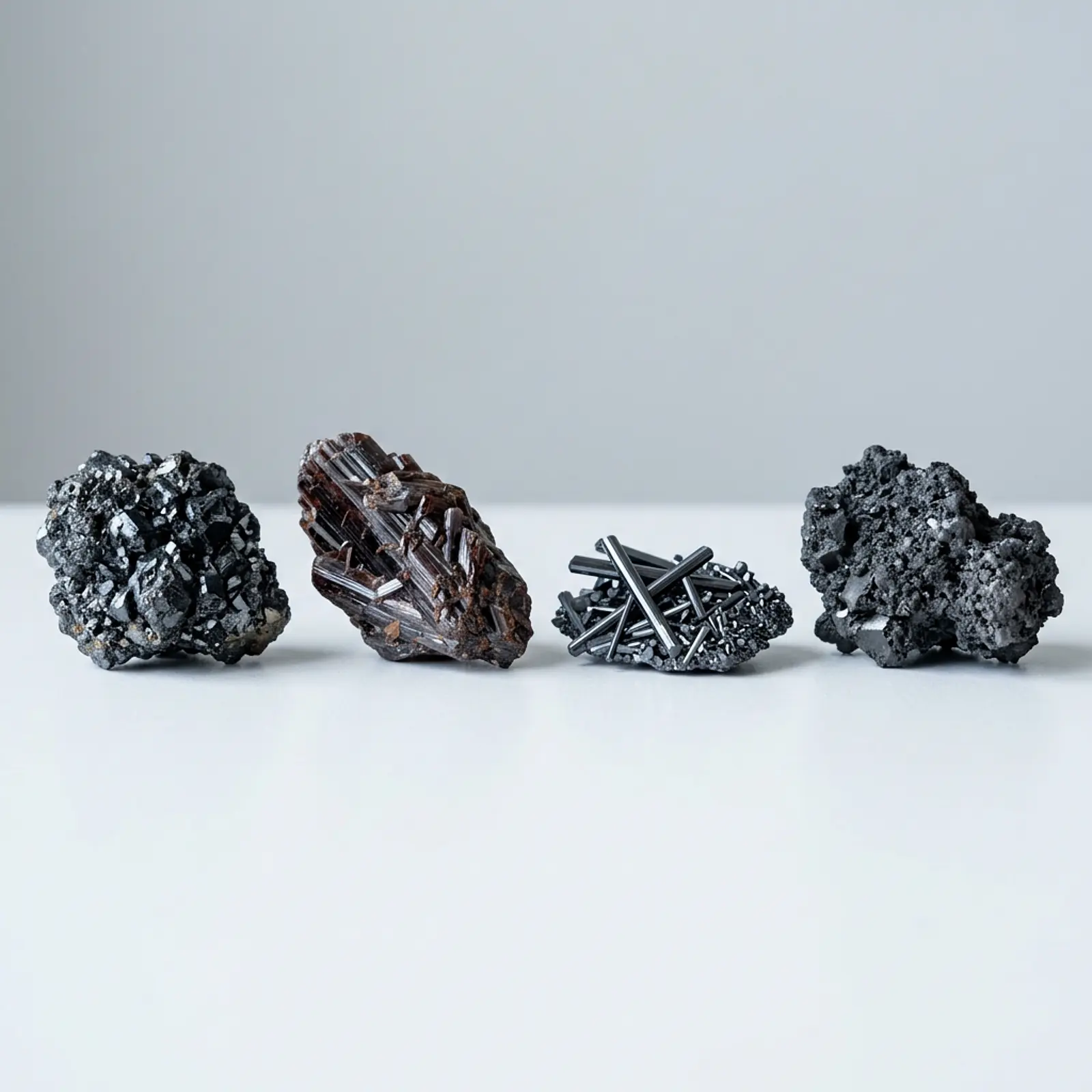 Macro close-up of titanium minerals (ilmenite, rutile, titania slags) in studio light.