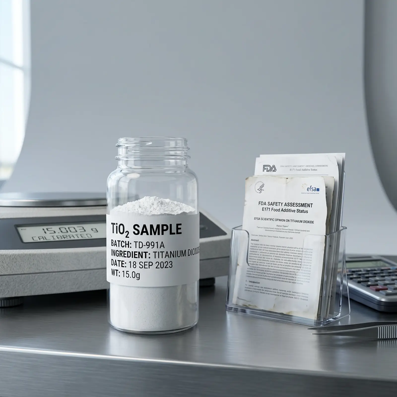 Macro shot of titanium dioxide label with FDA/EFSA regulatory papers in cool neutral background