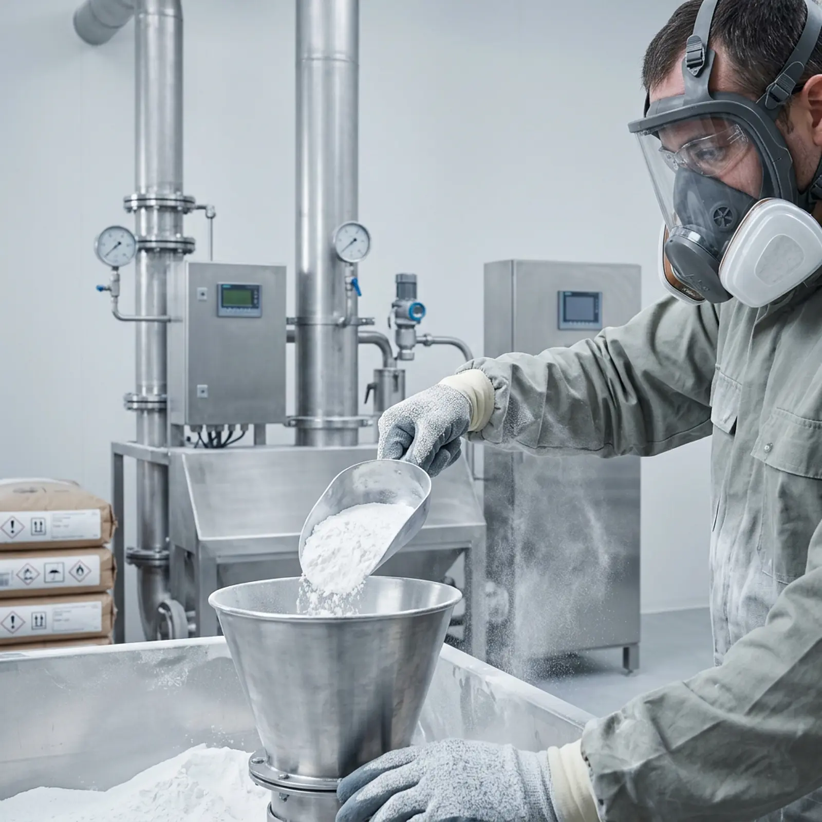 Factory worker wearing a respirator handling titanium dioxide powder amid airborne dust.