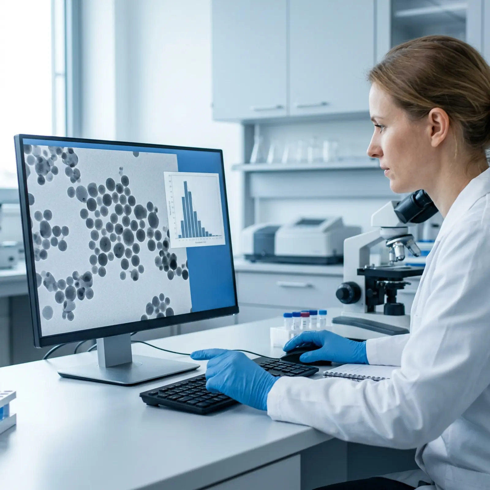 Food safety technician reviewing nanoparticle microscopy images on a monitor