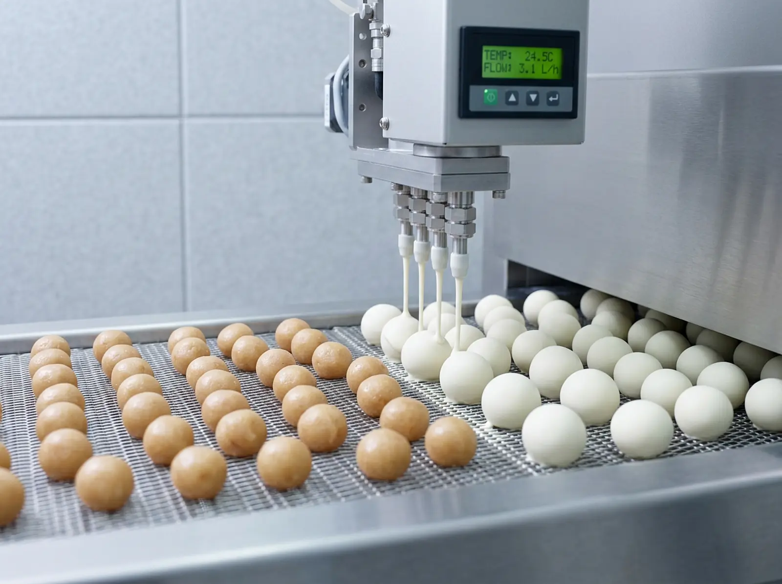 Food technician applying a smooth white coating to confectionery on the production line.