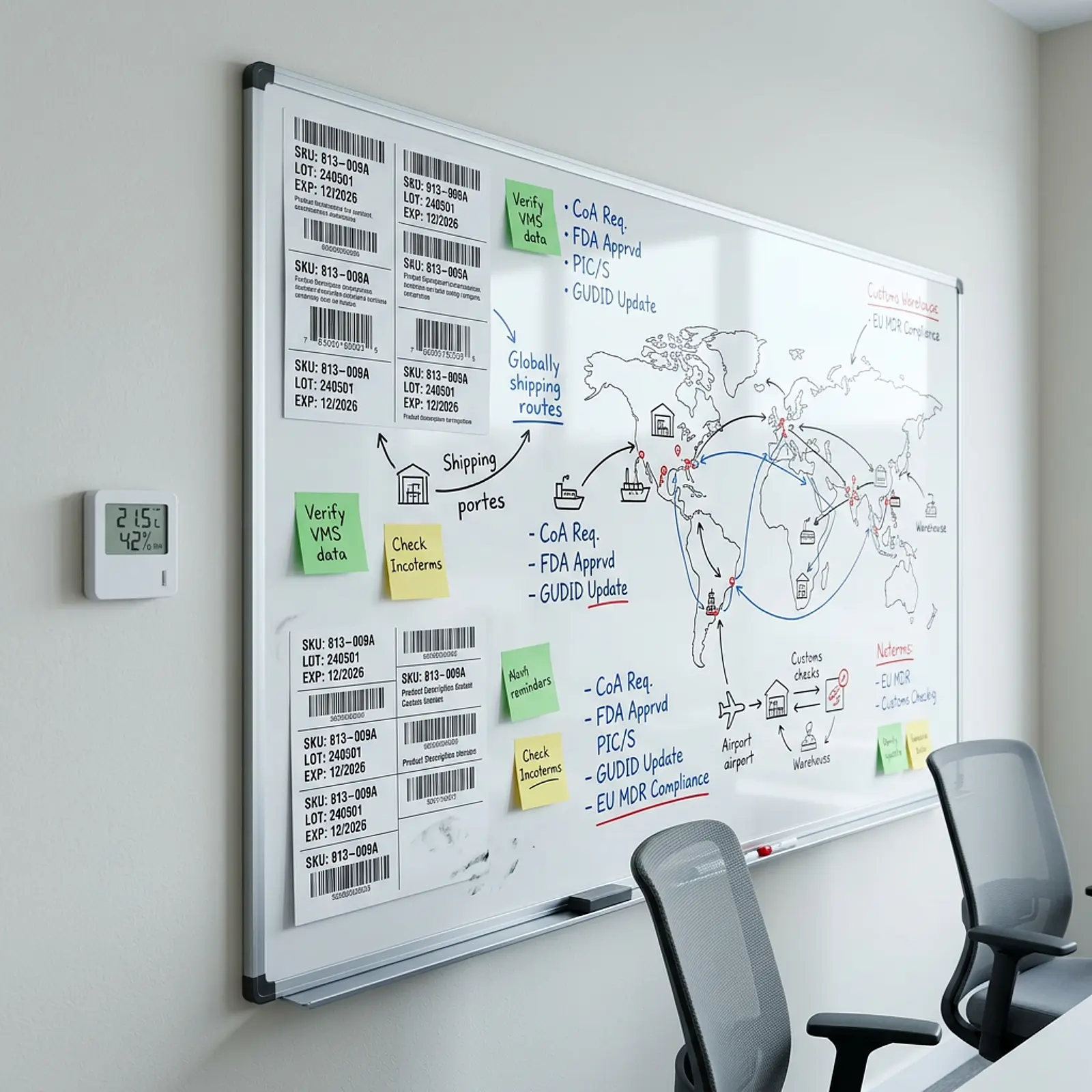 Regulatory team reviewing SKU labels and shipping route diagrams on a whiteboard.
