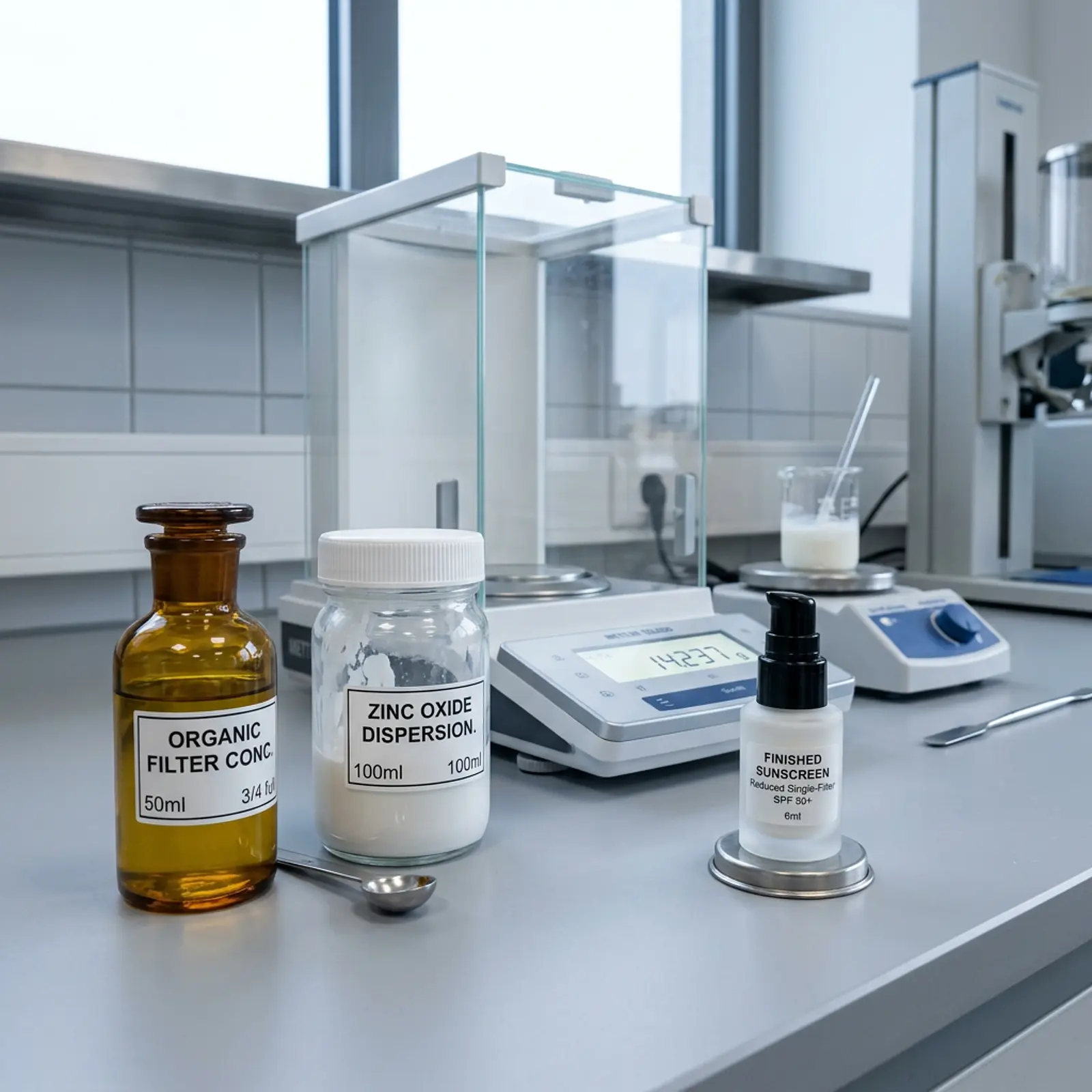 Formulation bench with two half-filled raw material containers and a finished sunscreen sample.