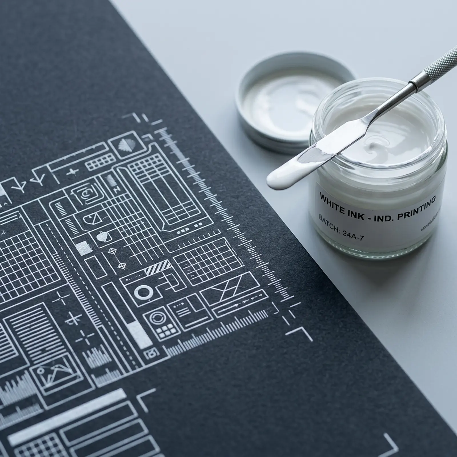 Extreme macro studio photo of printed packaging surface with white ink detail, open ink container and spatula