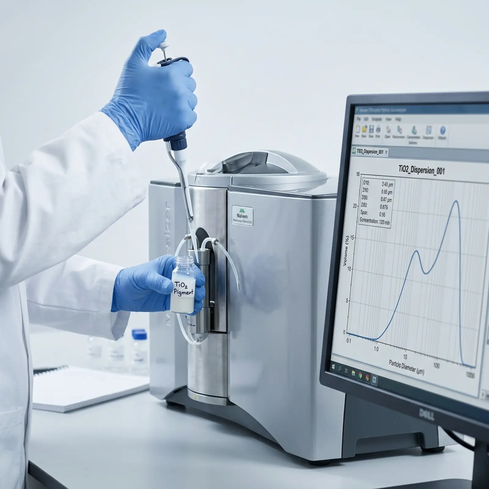 Laser diffraction particle analyzer injecting TiO₂ dispersion, macro studio lab scene with size curve monitor