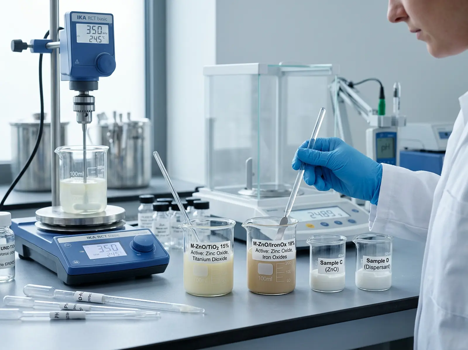 Cosmetic chemist comparing mineral sunscreens in beakers with active blends.