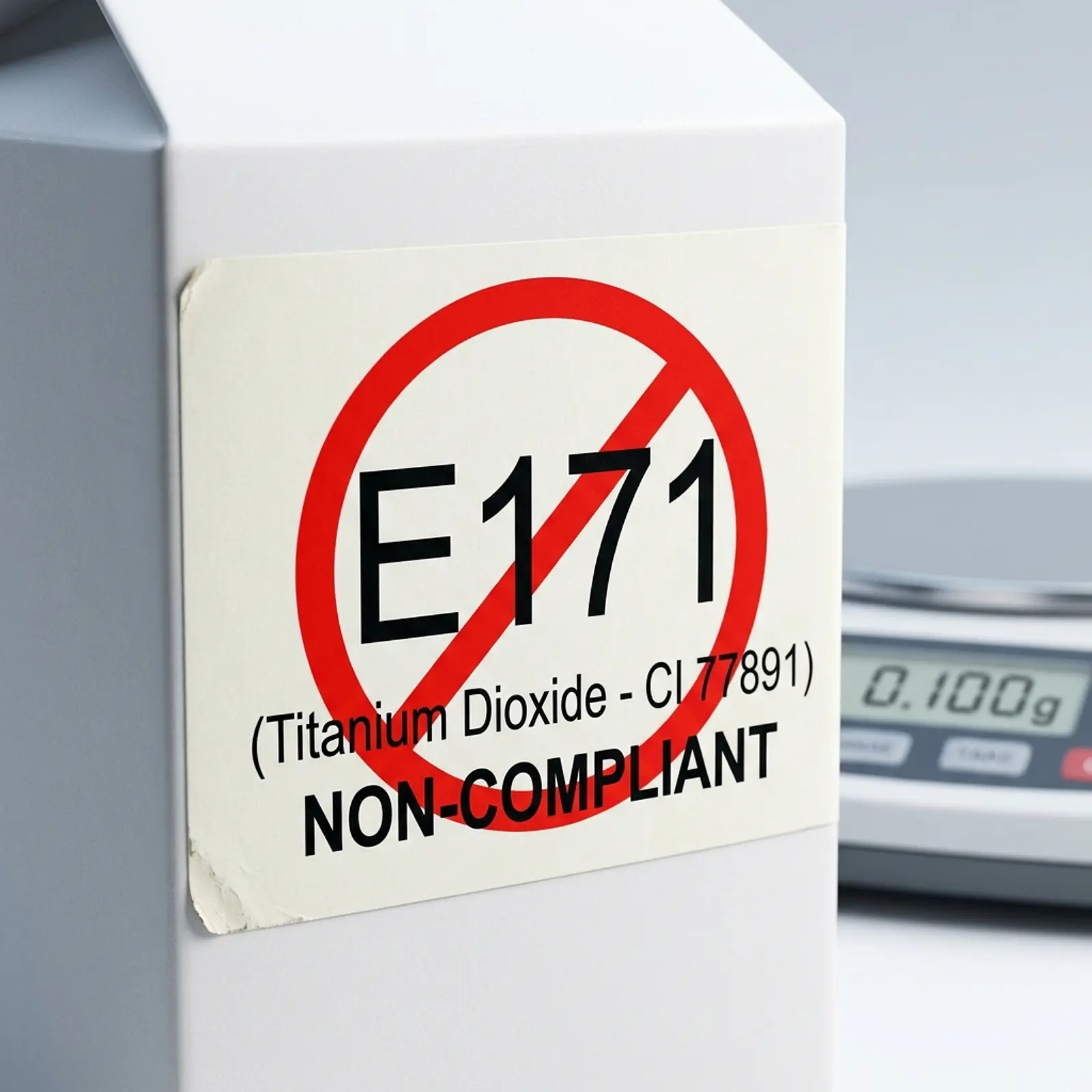 Close-up of a food label reading 'E171' with a prohibition symbol in a clean studio shot