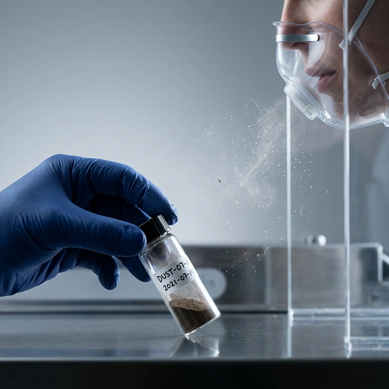 Macro studio shot of gloved hand handling sealed dust sample with drifting particles.