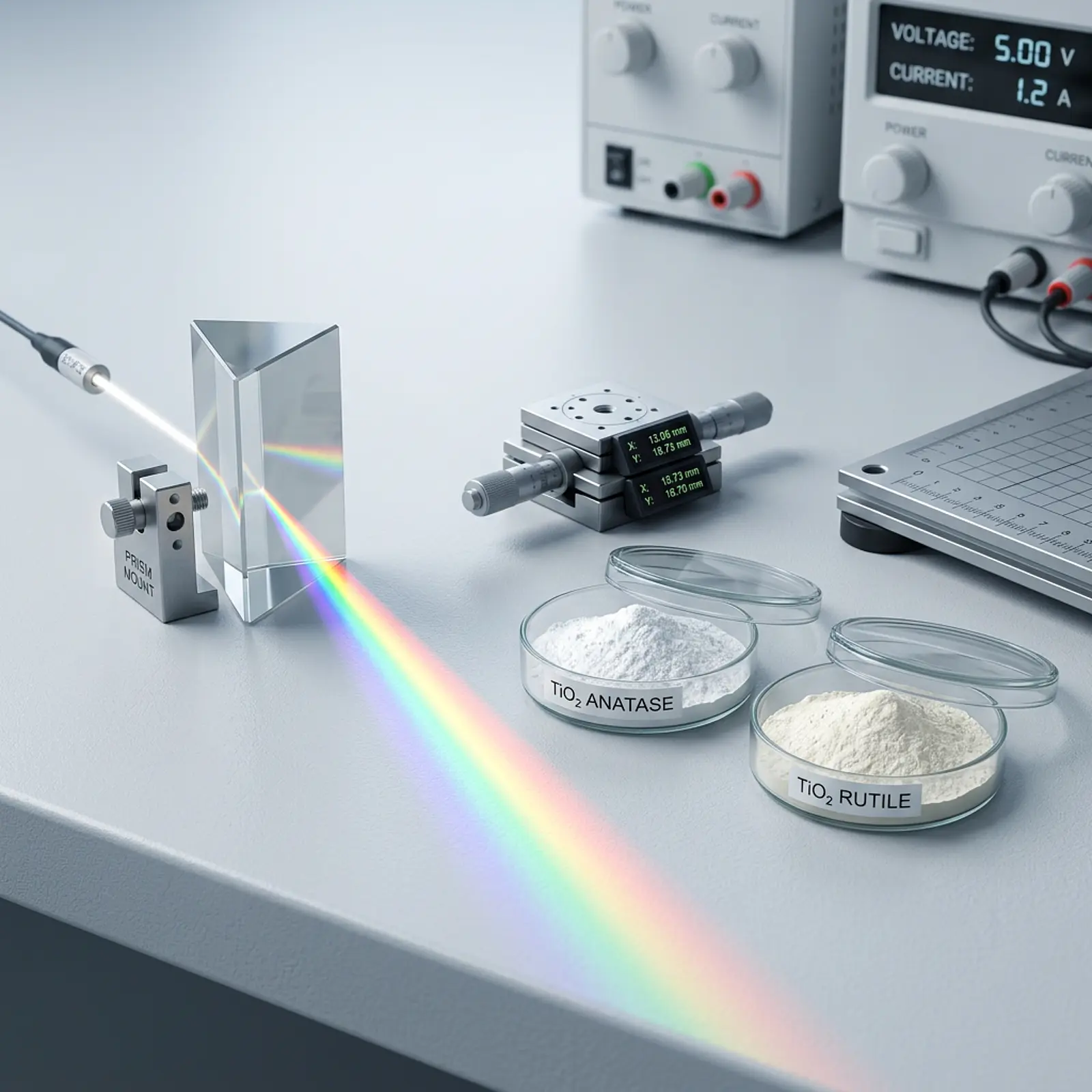 Prism splitting light into a spectrum beside labeled anatase and rutile powder dishes