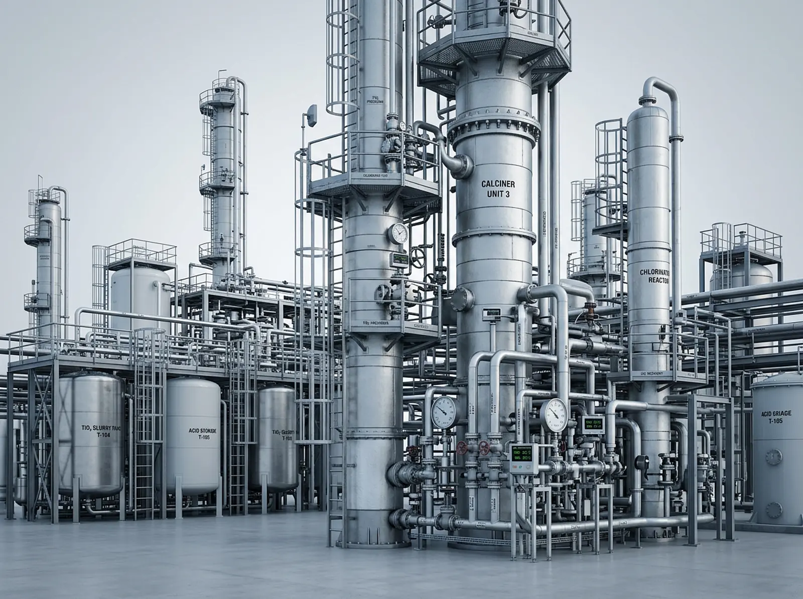 Studio shot of a titanium dioxide plant with towers, pipes, and tanks.