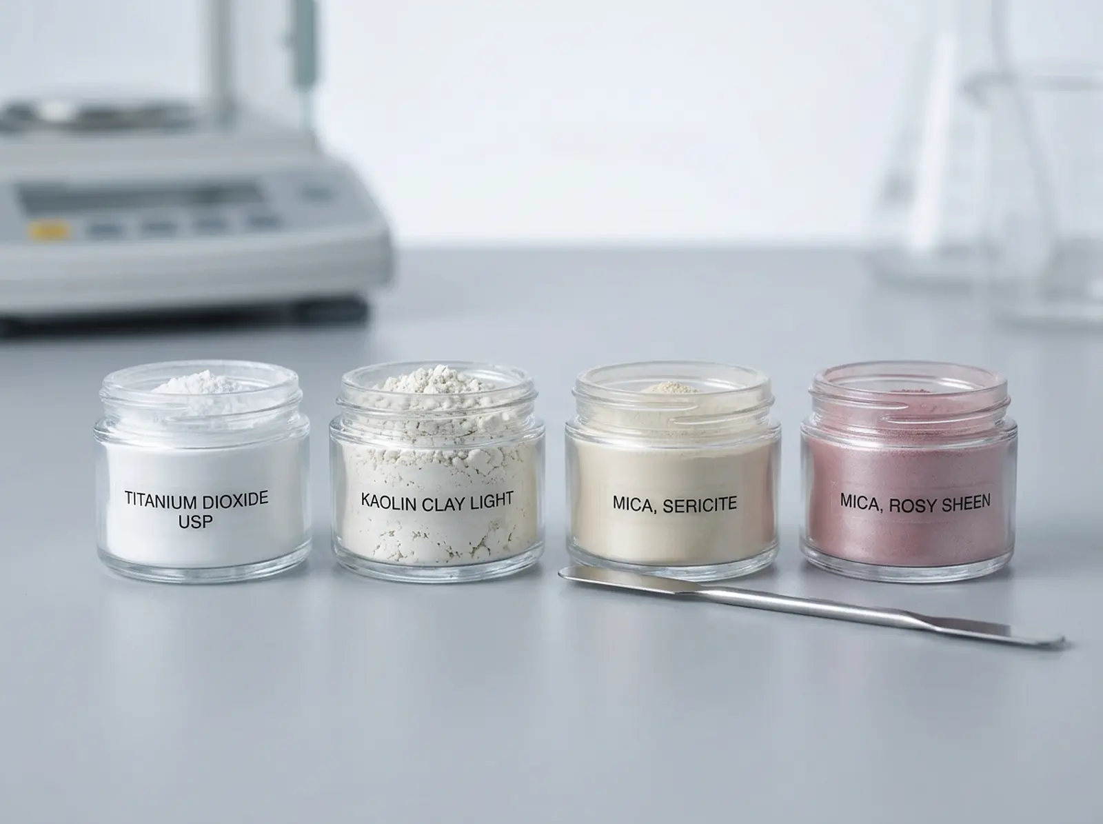 Studio macro shot: several cosmetic powders in open jars with a spatula against a neutral background