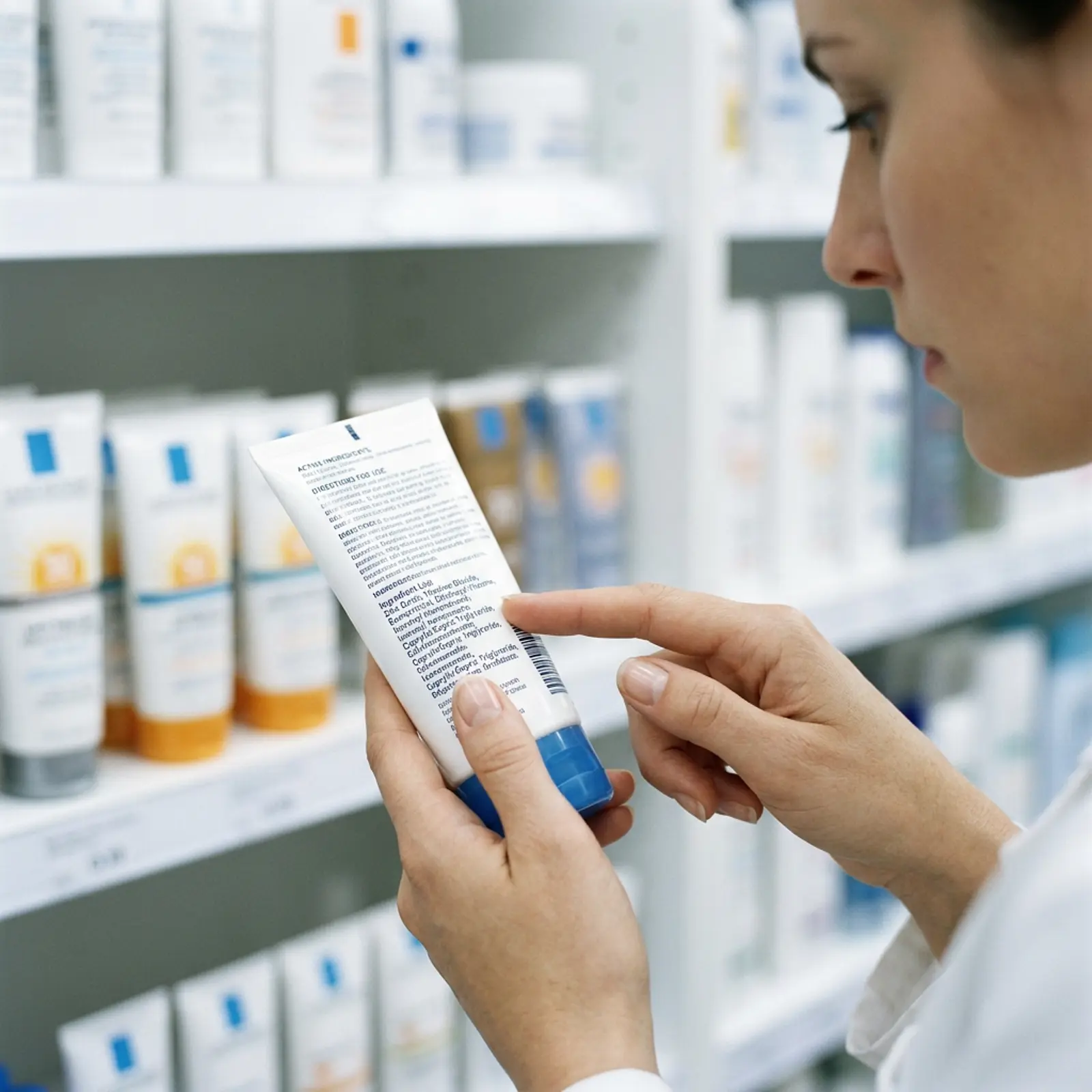 A person holding sunscreen and checking the ingredient list on the back, in a store aisle.