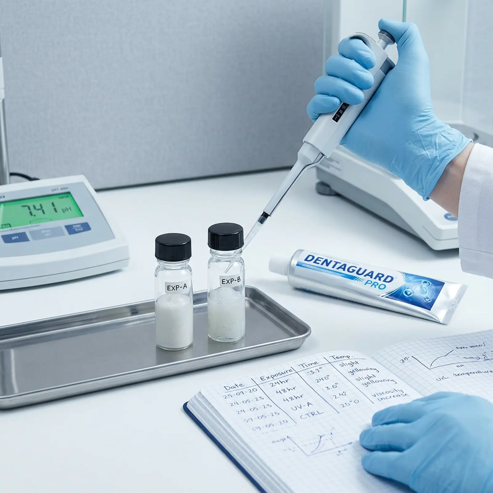 Macro shot of a researcher in a laboratory comparing two sample containers next to toothpaste.